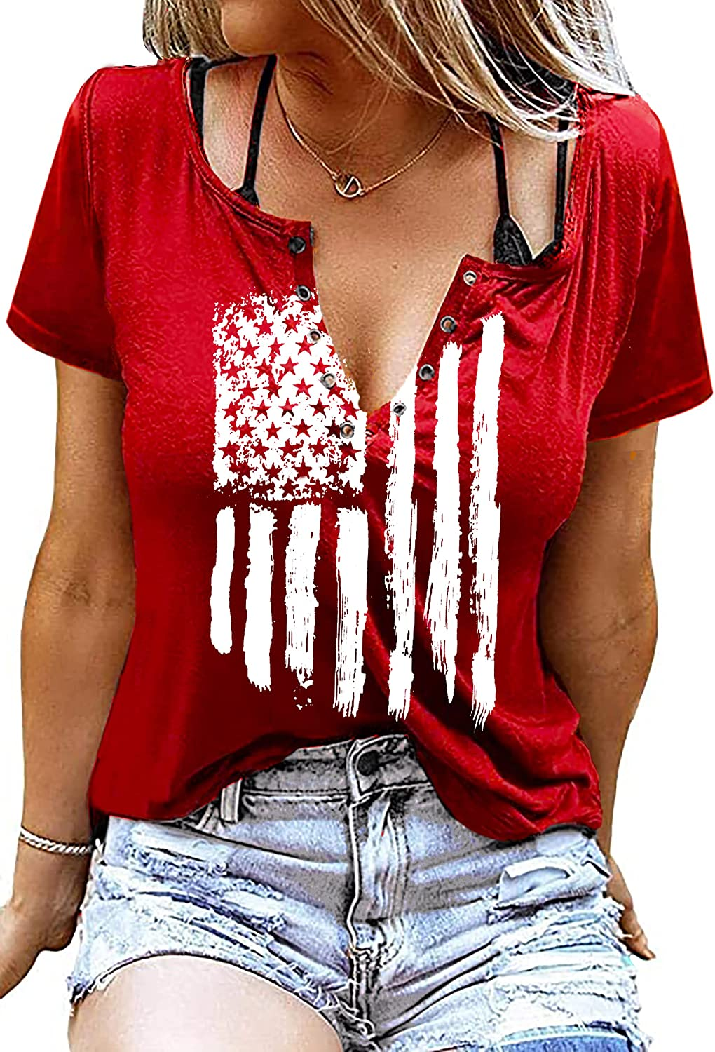 American Flag Shirt Tops Womens 4Th of July T-Shirts Ring Hole Short Sleeve Sexy V-Neck Patriotic Tees