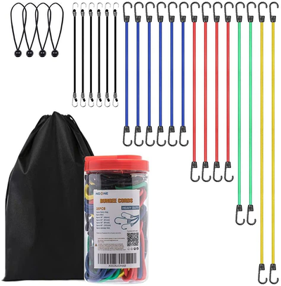 25 Pcs Heavy Duty Bungee Cords with Hooks in Jar, 100% Latex Core Elastic Strong Bungie Straps Set Assortment with a Drawstring 14*16 Inches Organizer Bag