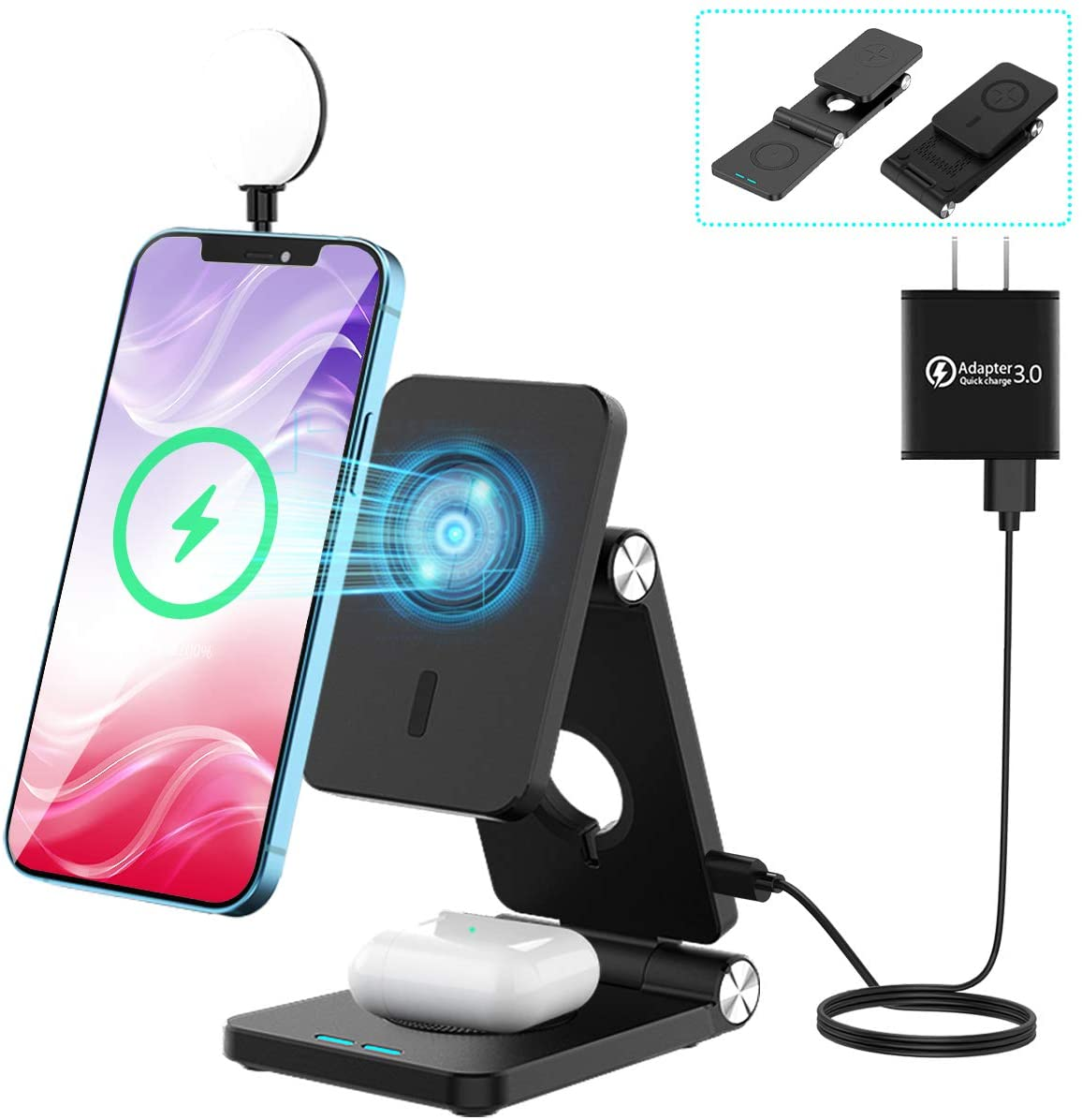 Wireless Charger, FEIKU 4 in 1 Portable Foldable Fast Wireless Charging Station LED Desk Lamp for Apple Iphone 11/Iphone 13/13Pro/13Pro Max/13 Mini/Watch/Airpods Pro（With QC3.0 Adapter）