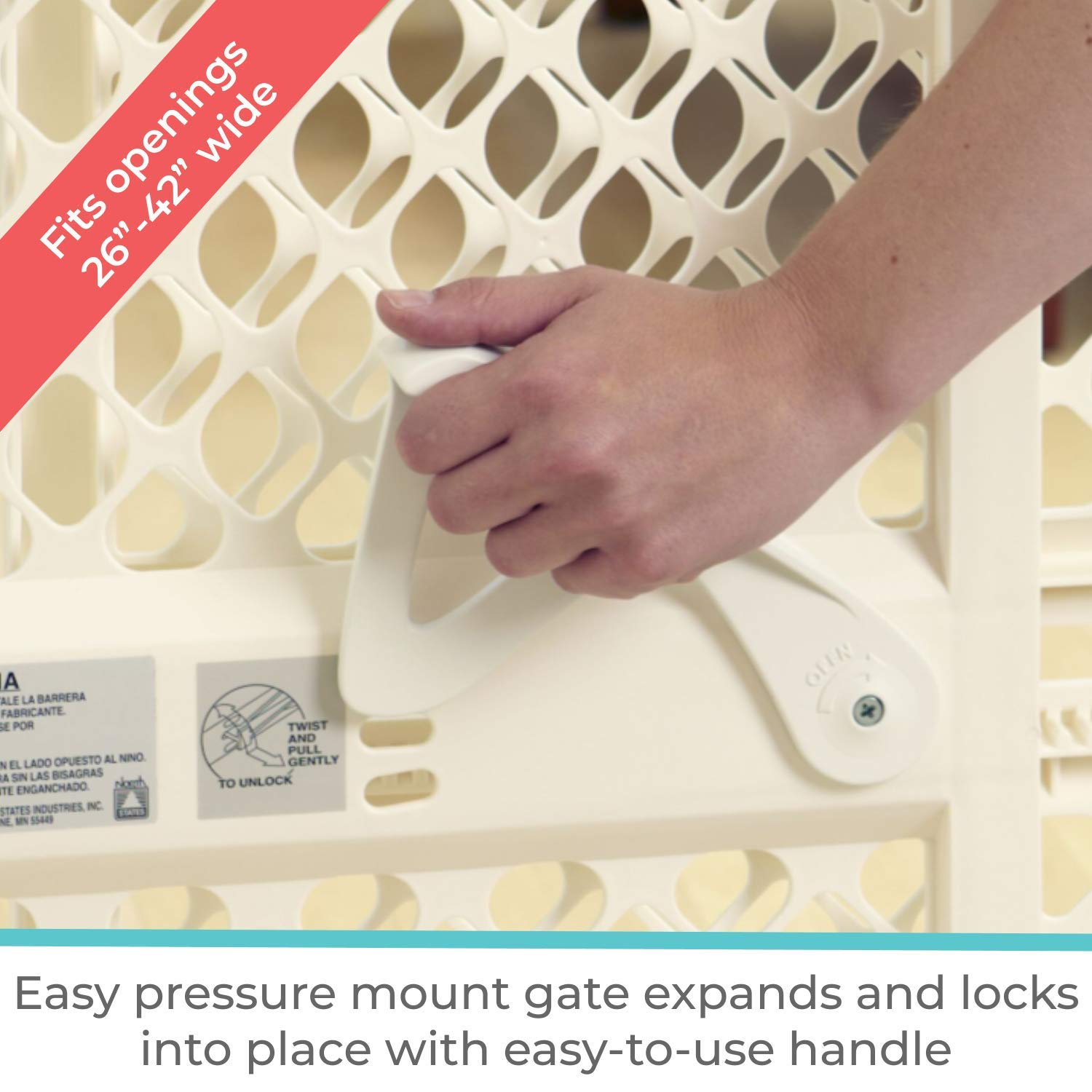 Toddleroo by North States 42” Supergate Ergo Baby Gate Great for Doorways or Stairways, Includes Wall Cups for Extra Holding Power, Pressure or Hardware Mount, 26” - 42” Wide, 26" Tall, Ivory
