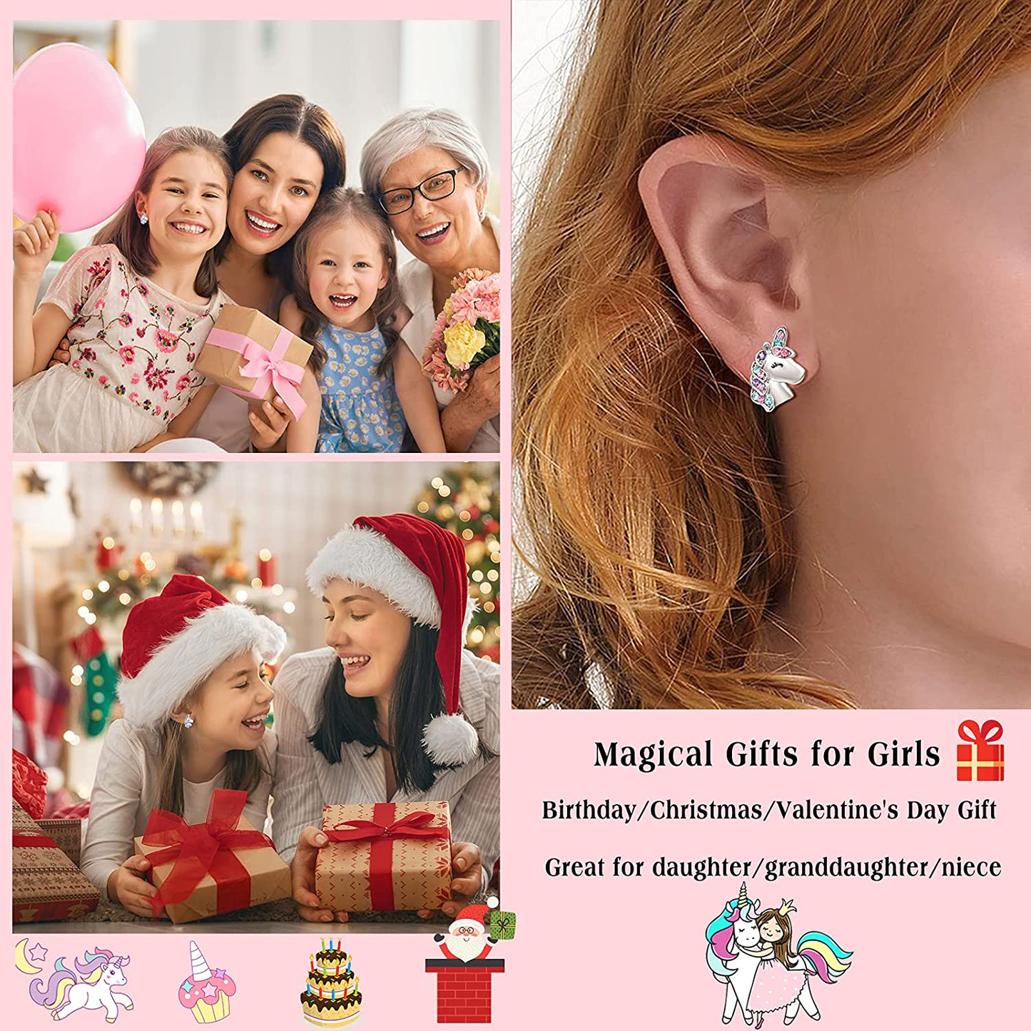 UNGENT THEM Silver Unicorn Stud Earrings for Little Girls Hypoallergenic CZ Unicorn Lovely Gifts for Daughter Birthday Party