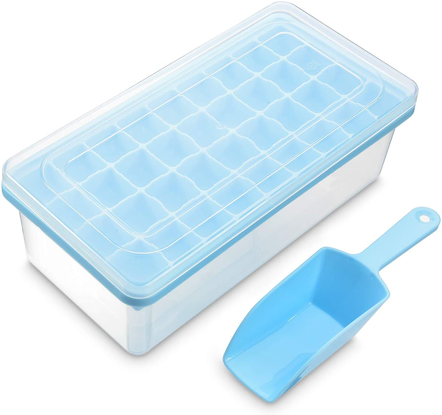 Ice Cube Tray With Lid and Bin - Silicone Ice Tray For Freezer | Comes with Ice Container, Scoop and Cover | Good Size Ice Bucket (Blue)