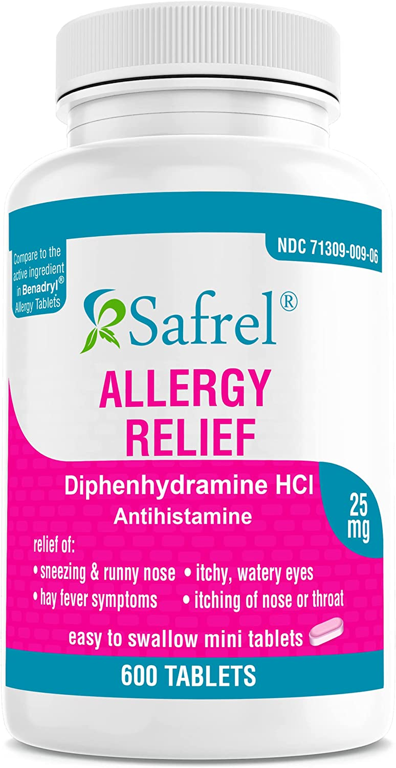 Safrel Allergy Relief Medicine (600 Minitabs) Diphenhydramine Hcl 25 Mg | Compare to Active Ingredient of Benadryl® Allergy Antihistamine Tablets | for Seasonal or Indoor & Outdoor Allergies