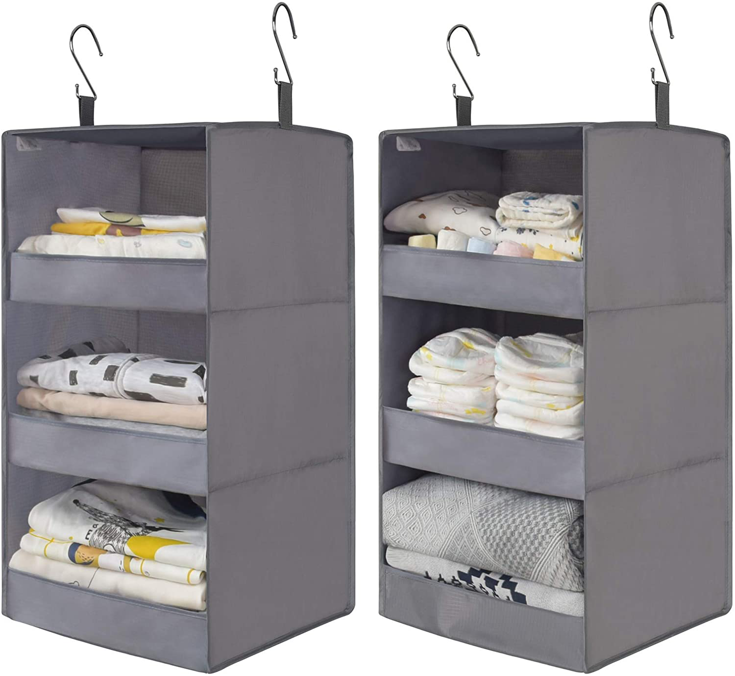 GRANNY SAYS Two 3-Shelf Hanging Closet Organizers, Collapsible Closet Hanging Shelves, Nursery Hanging Organizers, Ash Gray, 28.9" H X 12.2" W X 12.2" D, 2-Pack