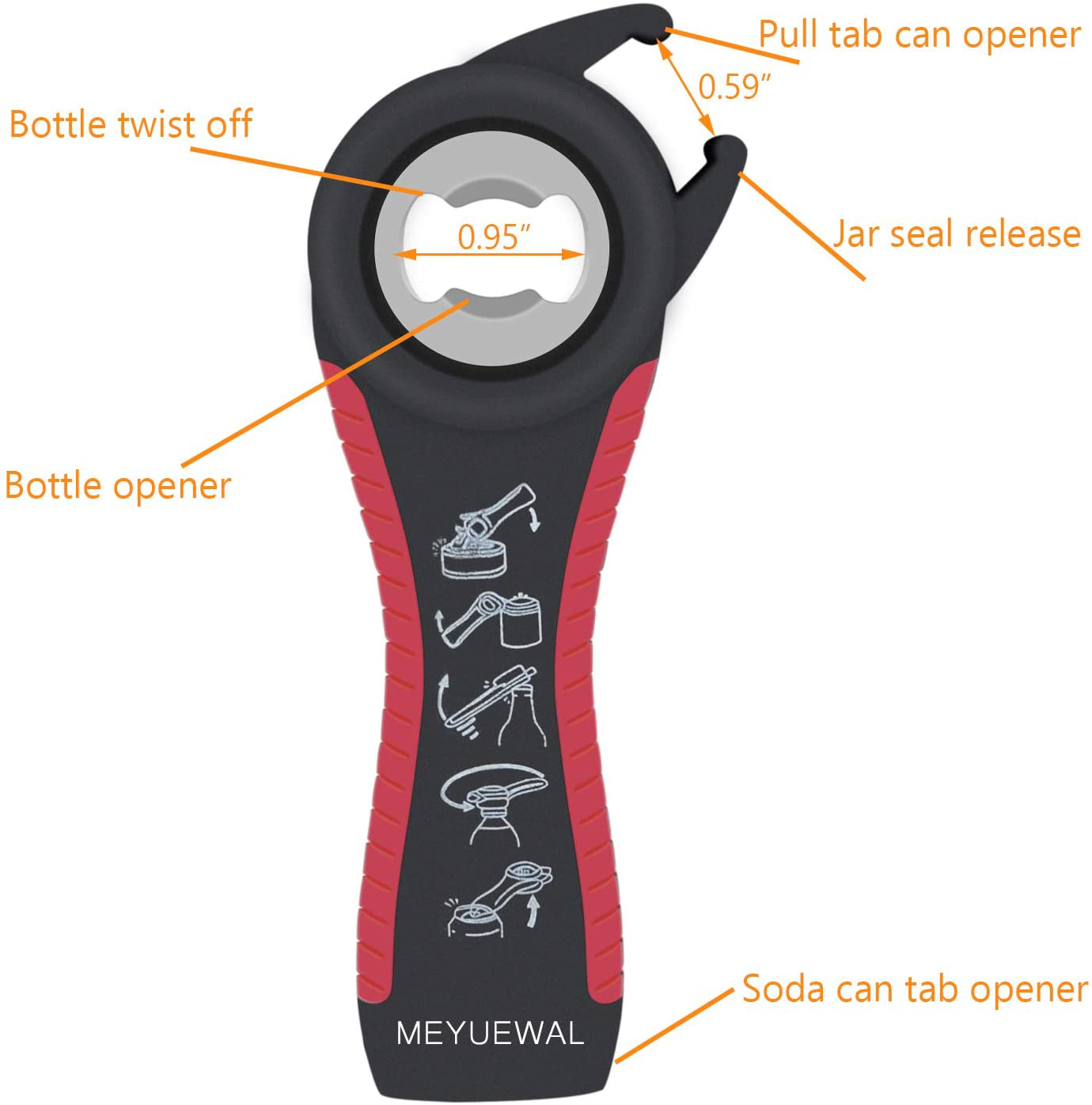 Jar Opener, 5 in 1 Multi Function Can Opener Bottle Opener Kit with Silicone Handle Easy to Use for Children, Elderly and Arthritis Sufferers (Apple Red）