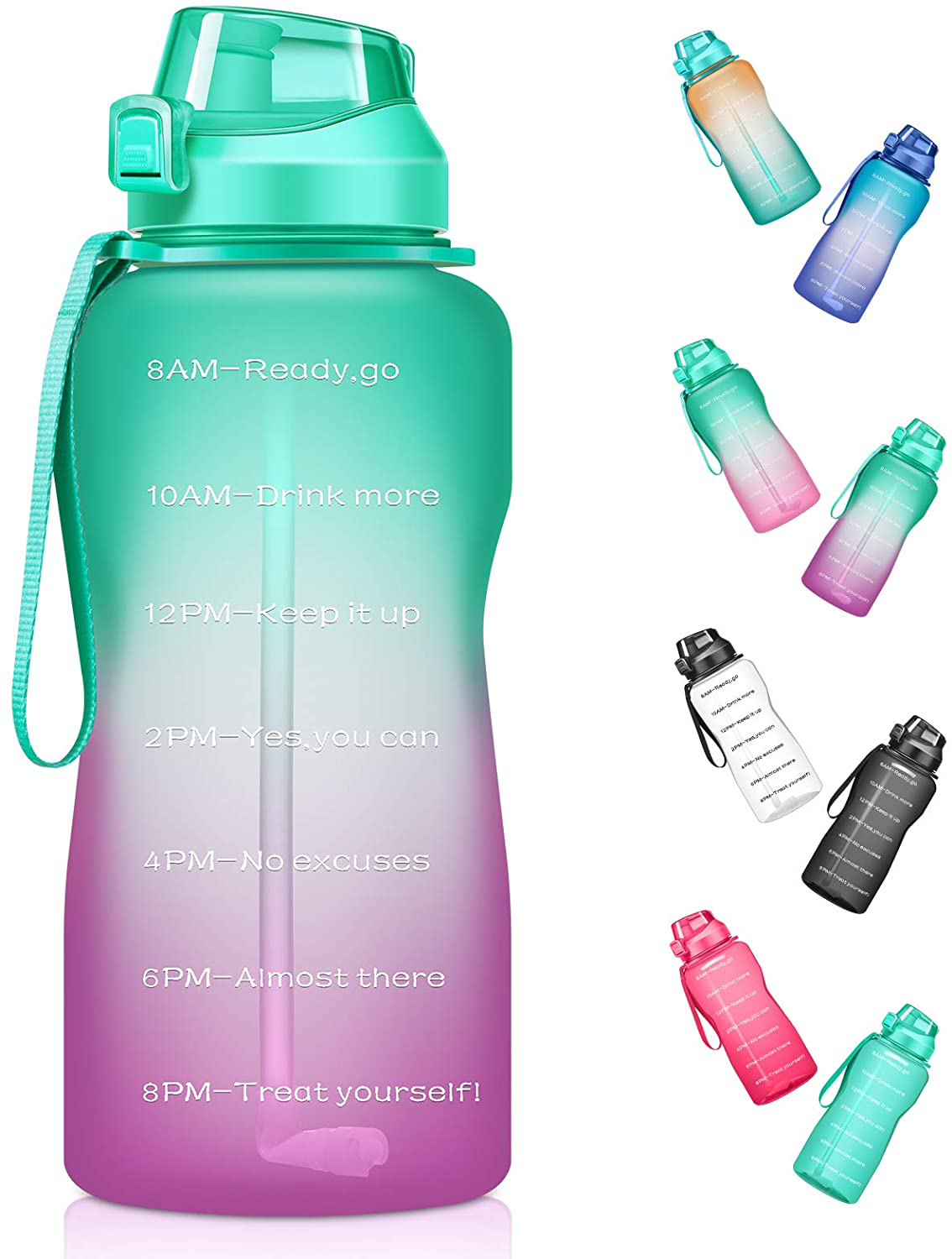 Ahape Large 1 Gallon/100 oz Motivational Water Bottle with Time Marker & Straw, Huge Daily Water Jug for Fitness Gym Outdoor Sports, Remind of All Day Hydration, Leak Proof, BPA Free, Green+Purple