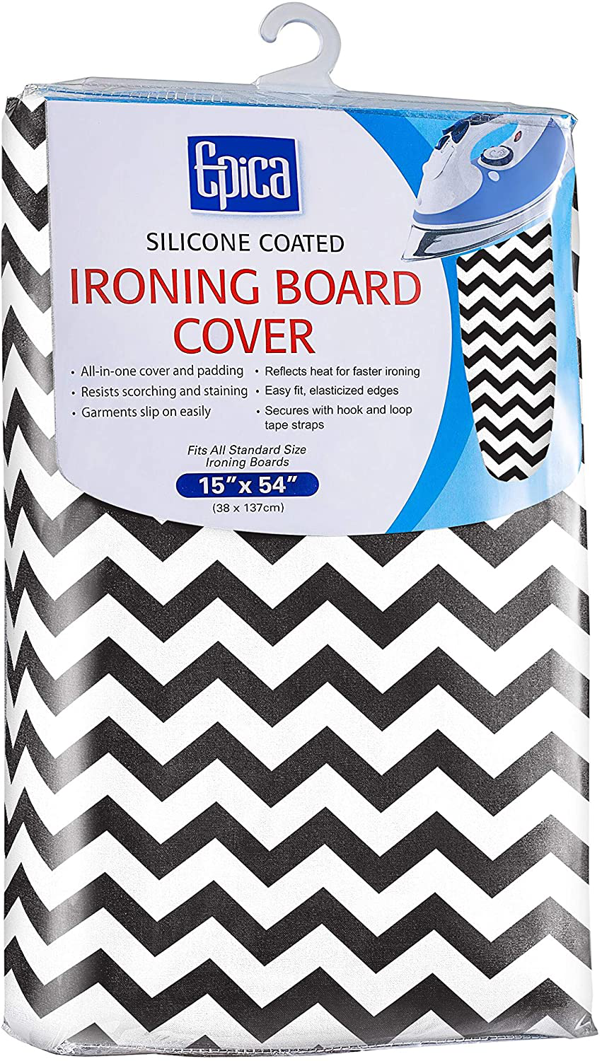 Epica Silicone Coated Ironing Board Cover- Resists Scorching and Staining - 15"x54" (Board not Included) (White and Grey Lattice)
