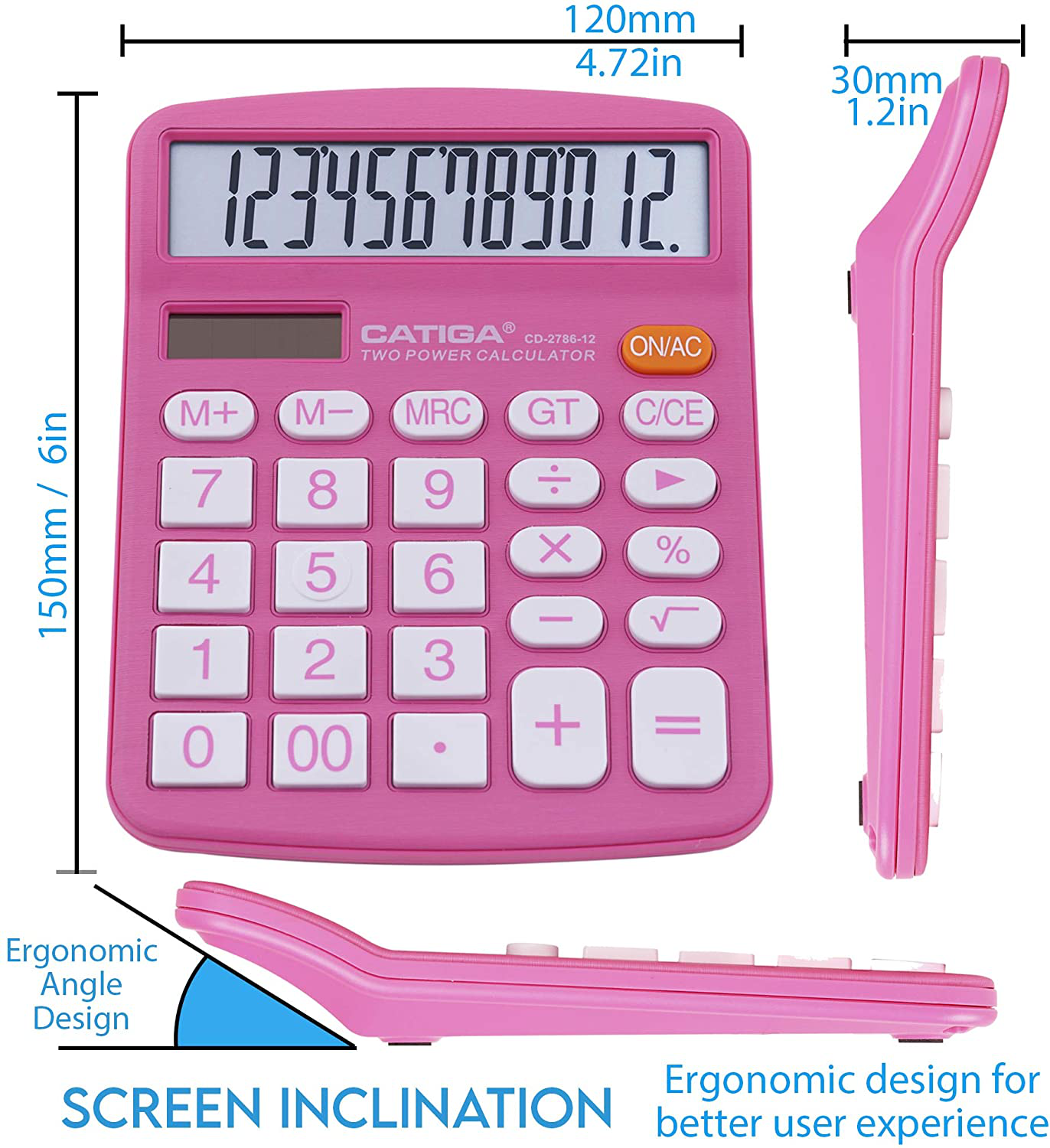 Desktop Calculator 12 Digit with Large LCD Display and Sensitive Button, Solar and Battery Dual Power, Standard Function for Office, Home, School, CD-2786 (Pink)