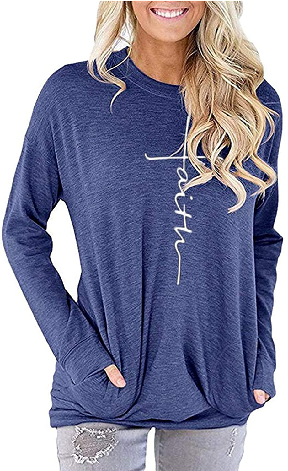 ZILIN Women's Casual Letter Print Crewneck T-Shirt Long Sleeve Tunic Tops Sweatshirt with Pockets