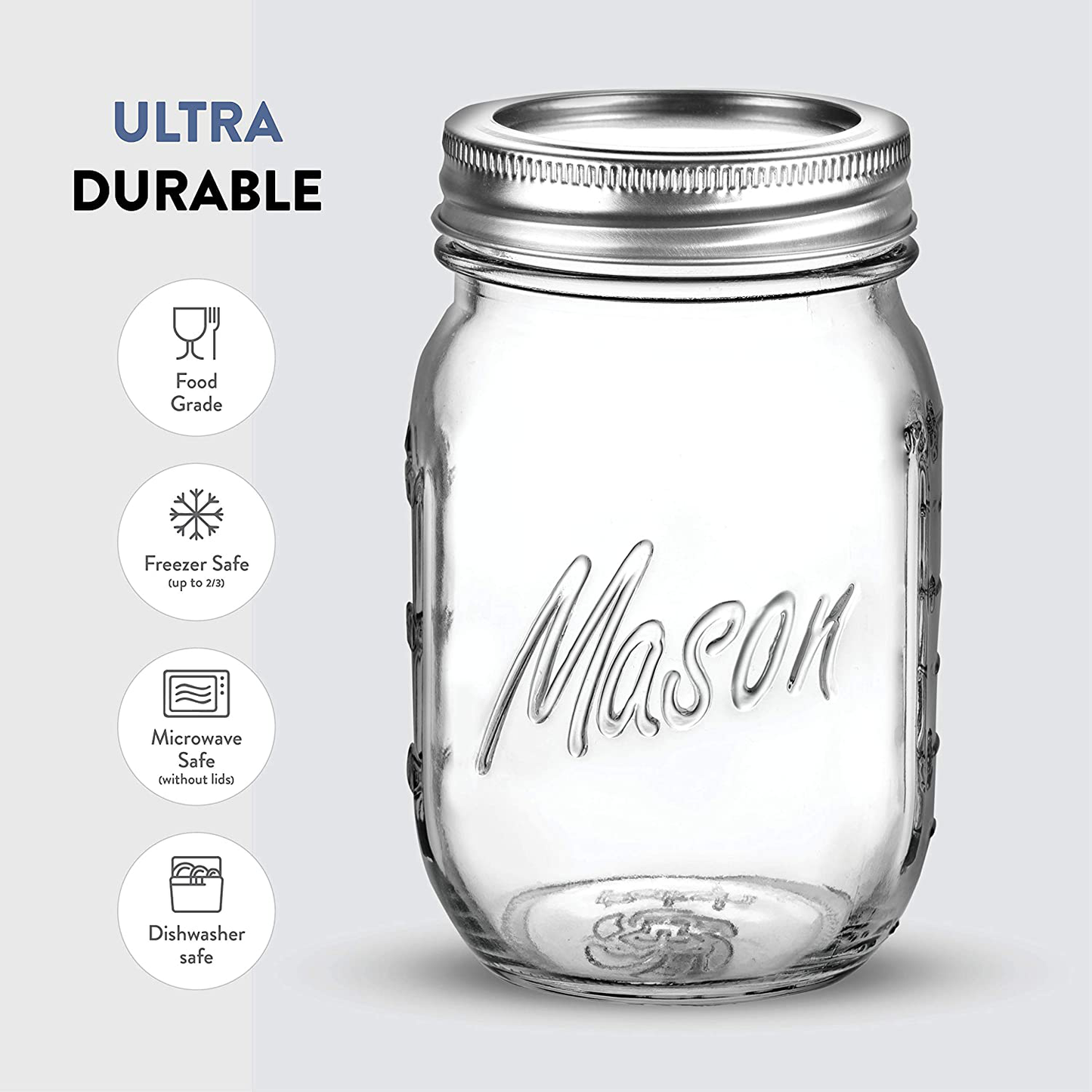 Regular-Mouth Glass Mason Jars, 16-Ounce (5-Pack) Glass Canning Jars with Silver Metal Airtight Lids and Bands with Measurement Marks, for Canning, Preserving, Meal Prep, Overnight Oats, Jam, Jelly,