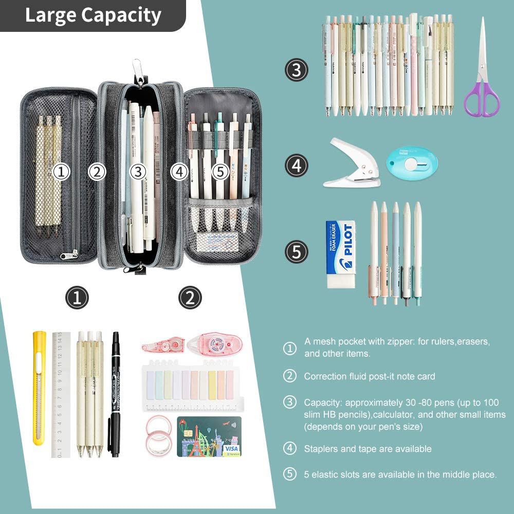 Large Pencil Case Big Capacity Pencil Bag Large Storage Pouch 3 Compartments Desk Organizer Marker Pen Case Simple Stationery Bag Pencil Holder