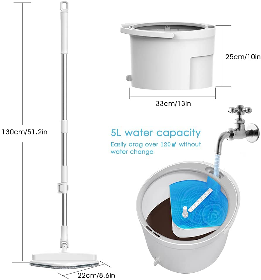 DINOKA Spin Mop and Bucket with Separate Clean/Dirty Double Water Storage Areas Hands Free Microfiber Spin Mop Dry Wet Self Wringing, Adjustable Stainless Steel Handle, 4 Microfiber Pads