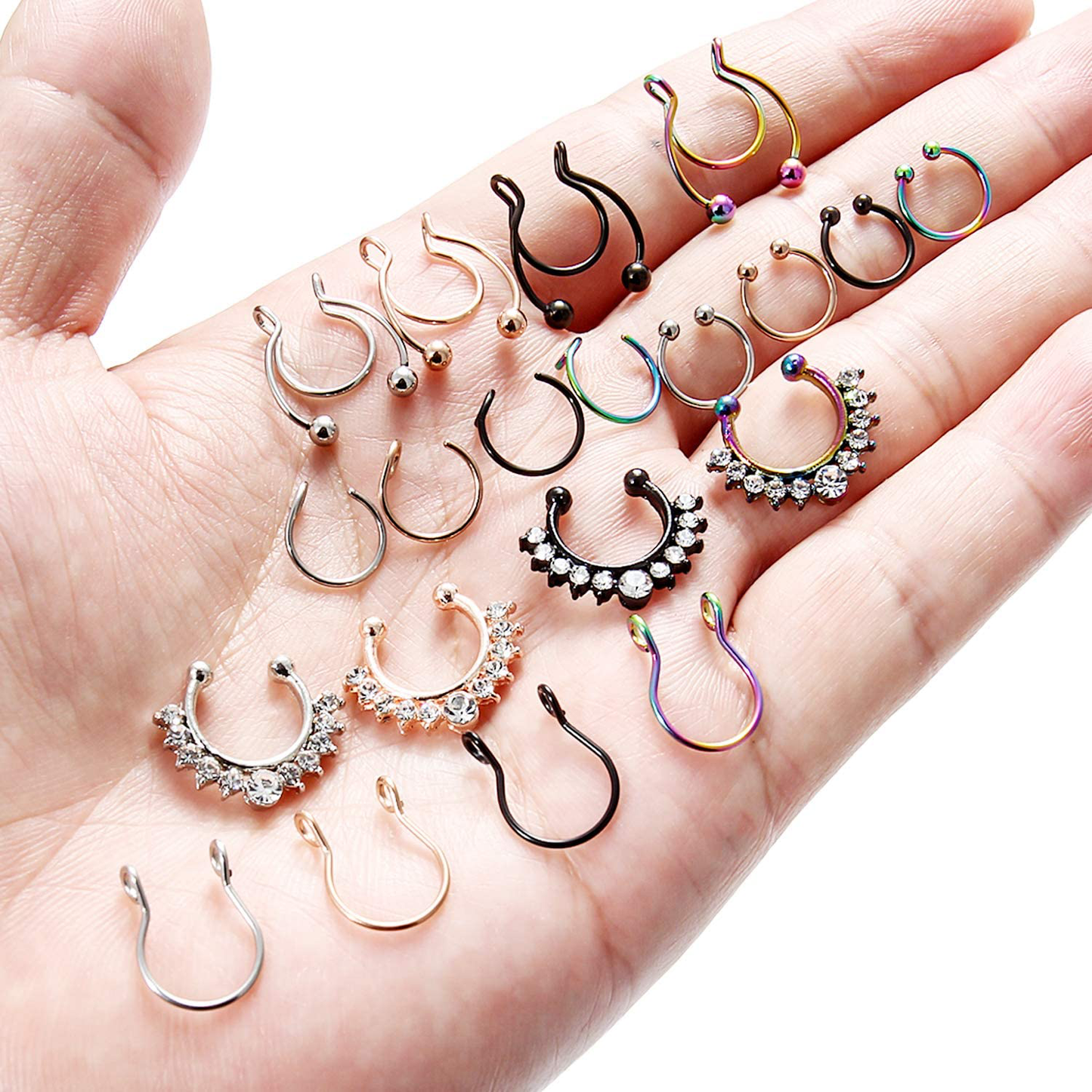 SCERRING Fake Septum Nose Hoop Rings Stainless Steel Faux Lip Ear Nose Septum Ring Non Piercing Clip On Nose Hoop Rings Body Piercing Jewelry 20PCS