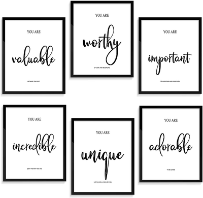 Motivational Wall Decor for Bedroom Living Room Office - Inspirational Wall Art - Positive Quotes & Sayings - Daily Affirmation for Men Women Teen kids - Black and White Wall Art Ideal Gift Choice (8X10In, Set of 6, Unframed)