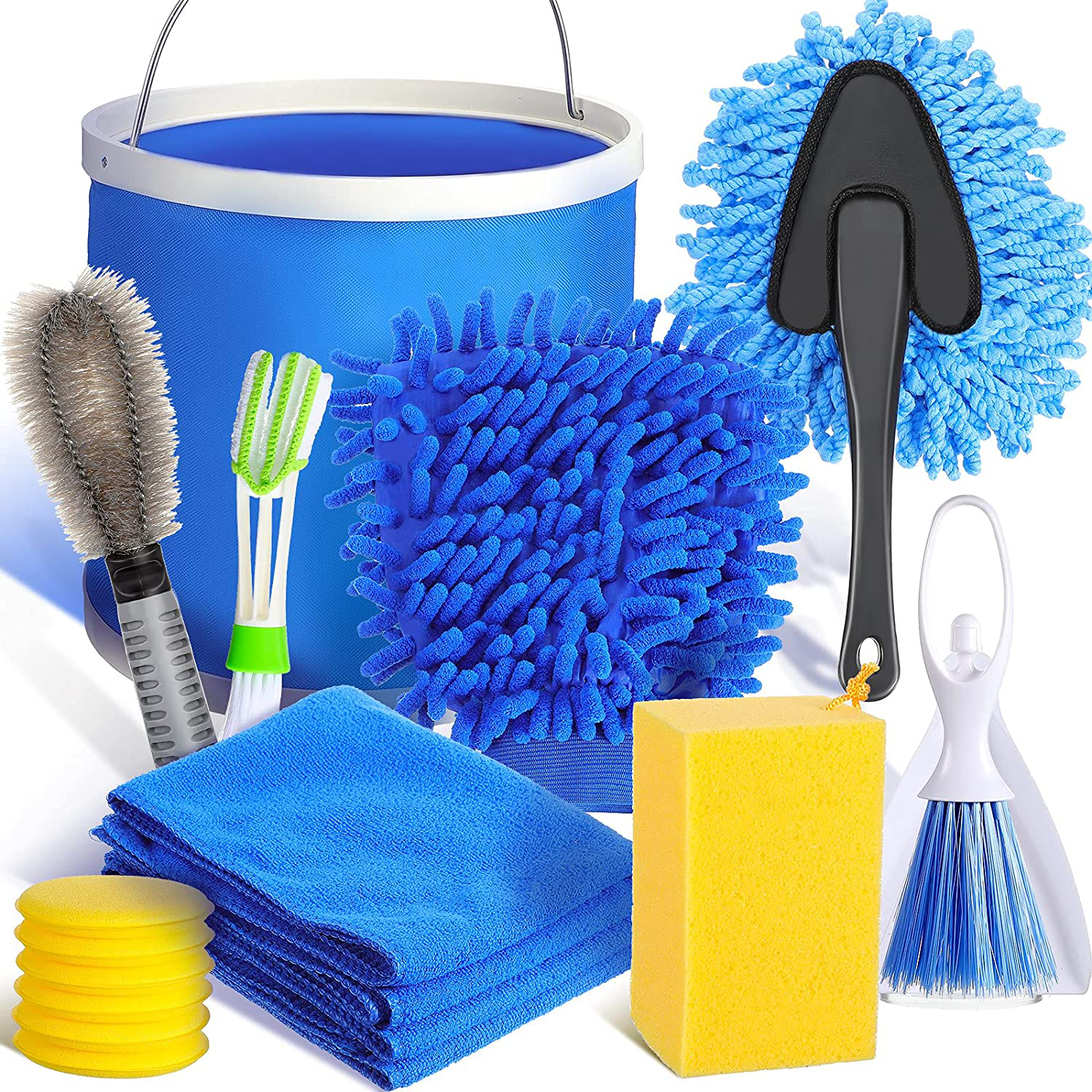 15 Pieces Car Wash Cleaning Tools Kit with Bucket Accessories Car Detailing Cleaning Brushes Kit Car Interior Washing Tool Set Car Wash Kit with Sponge, Towel, Double Head Duster for Truck Motorcycle