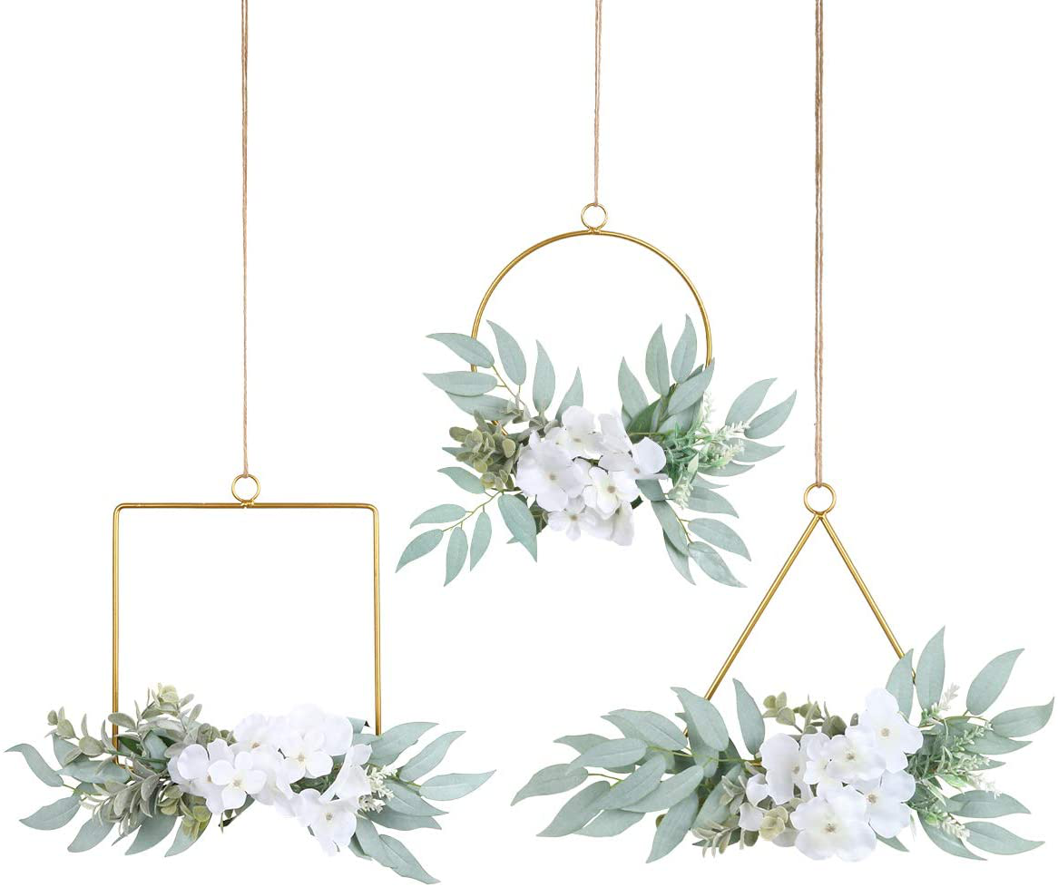 Pauwer Artificial Willow Leaves Metal Hoop Wreath Set of 3 Willow Leaves Greenery with White Silk Hydrangea Flower Hanging Wall Hoop Garland