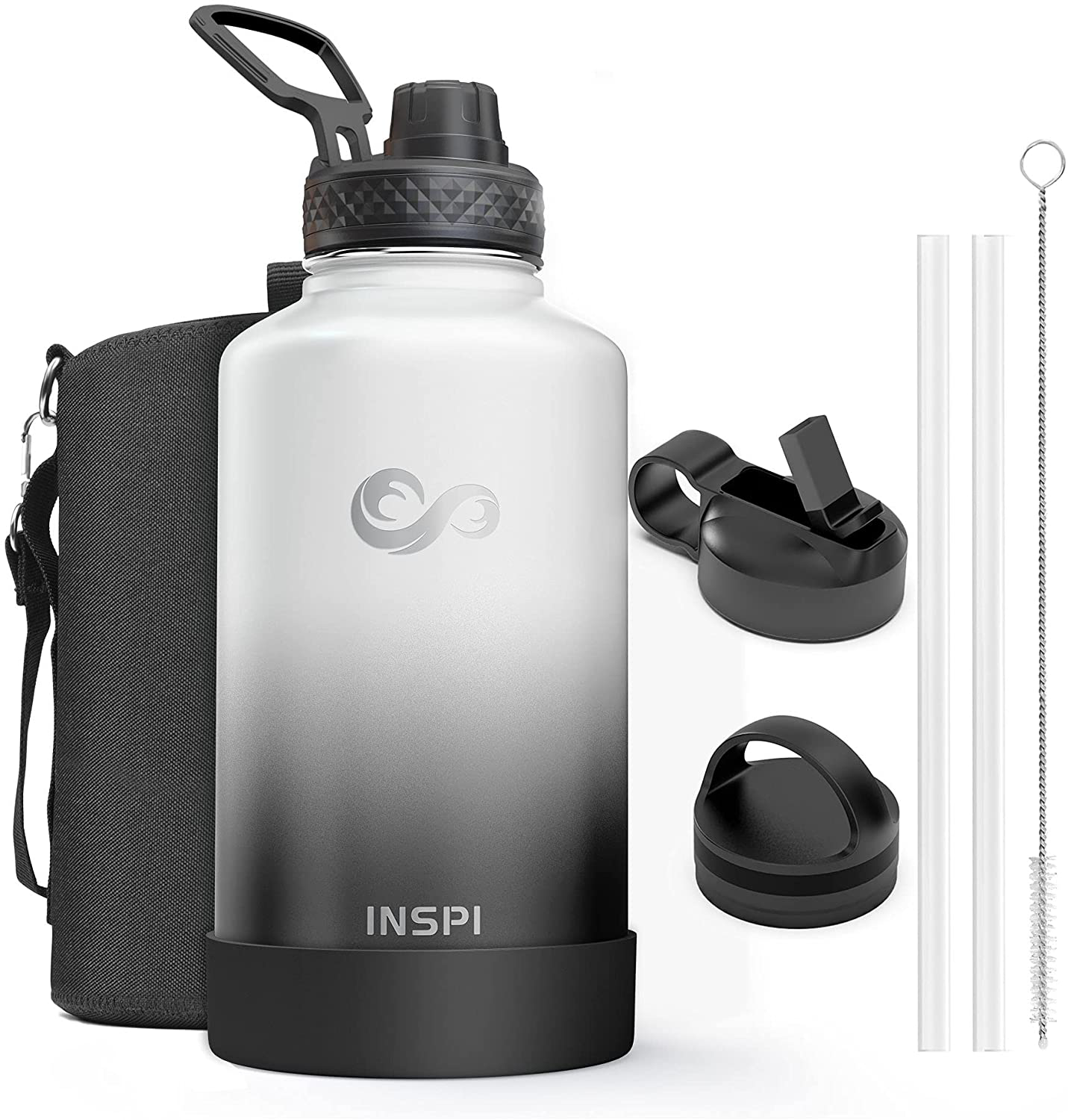 INSPI Stainless Steel Insulated Water Jug, Half Gallon 64OZ Double Wall Vacuum Water Bottle, Sweat-proof Thermo Mug Large Canteen Flask, Ice Cold Drinks Hot Simple Hydro Water Jug, White Black Ombre