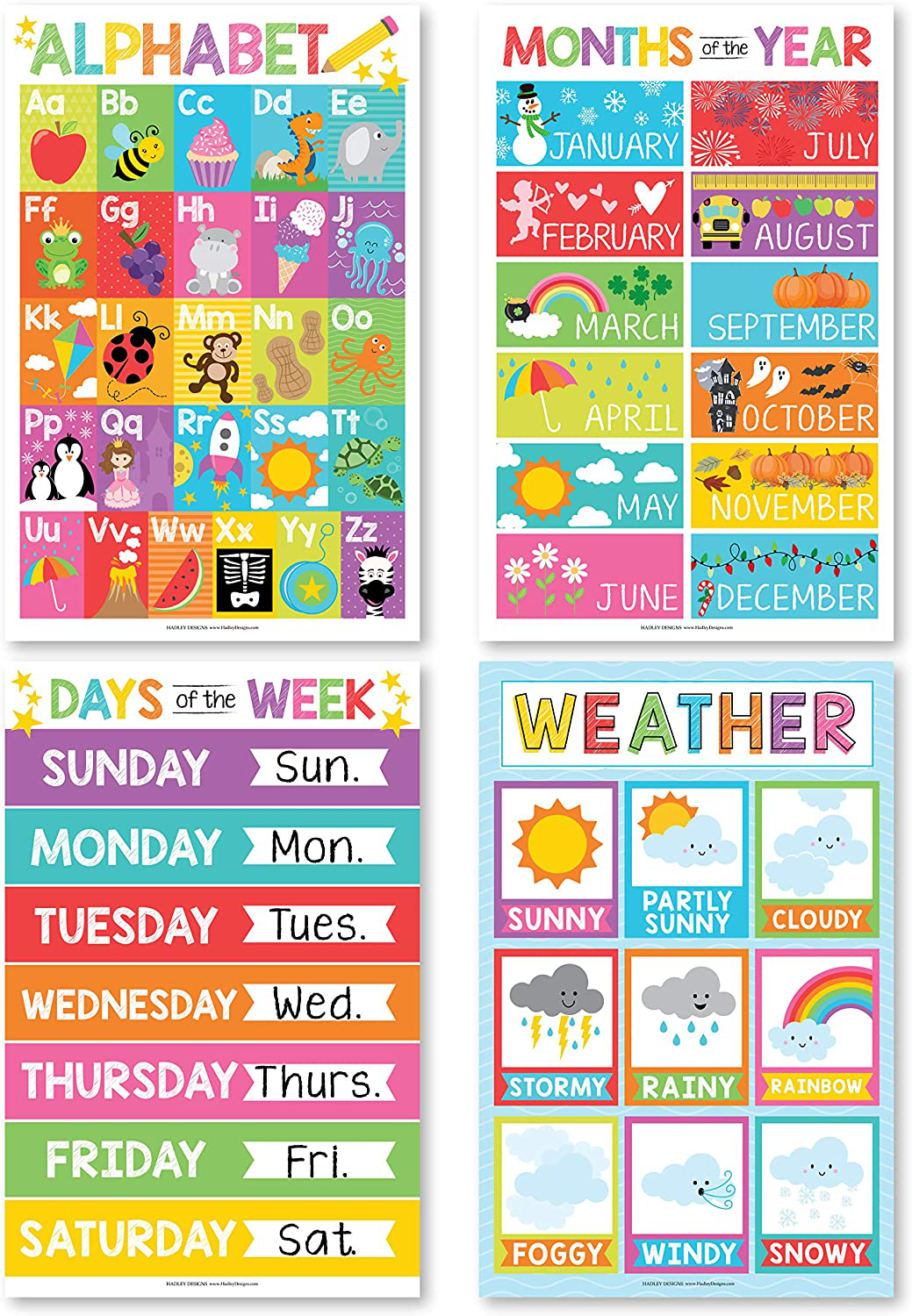 4 Alphabet, Months of the Year, Weather, Days of The Week Calendar For Kids, ABC Posters For Toddlers Wall Decor Art, Charts for Kindergarten Classroom PreK or Homeschool, Educational Laminated 11x17"