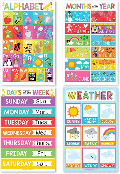 4 Alphabet, Months of the Year, Weather, Days of The Week Calendar For Kids, ABC Posters For Toddlers Wall Decor Art, Charts for Kindergarten Classroom PreK or Homeschool, Educational Laminated 11x17"