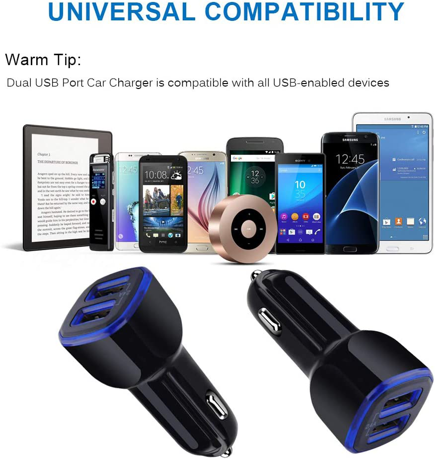 Car Charger, 2.4A 12W Andhot 2 Pack Mini Dual Port USB Car Charger Adapter Plug for Iphone 12 SE 11 Pro Max XR XS X 8 7 6S Plus, Ipad, Samsung Galaxy S21 S20 S10 Note 20 10 A21 A50, LG, Moto, Android