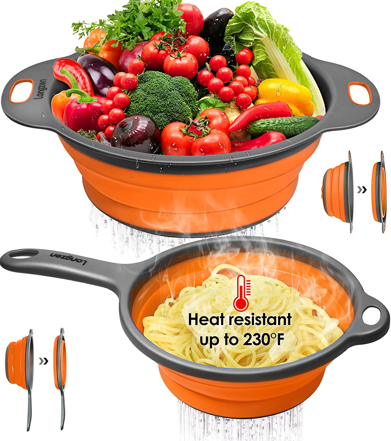 Longzon Collapsible Silicone Colanders and Strainers [2 Piece Set], Diameter Sizes 8'' -2 Quart and 9.5" -3 Quart, Pasta Vegetable/Fruit Kitchen Mesh Strainers with Extendable Handles Orange and Grey