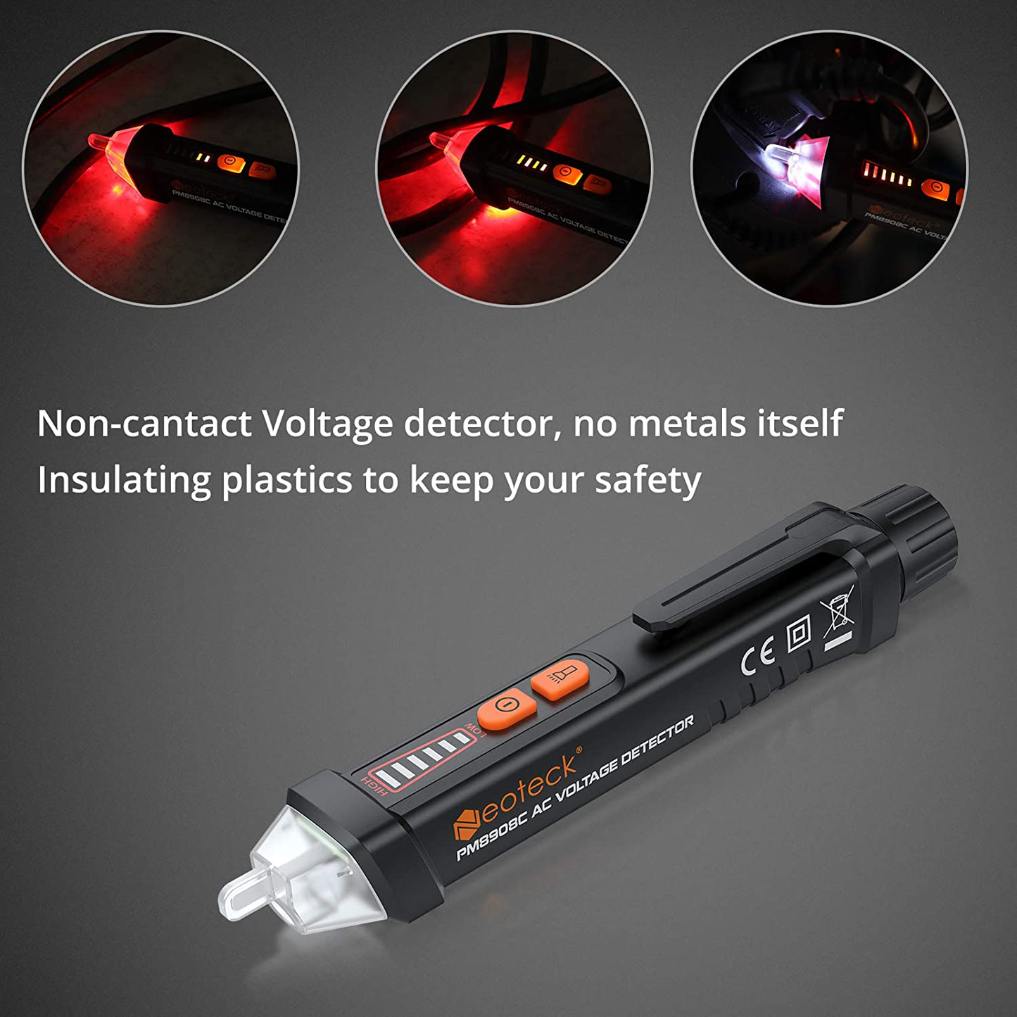 Neoteck 12-1000V AC Non-Contact Voltage Tester Detector with Led Flashlight Buzzer Alarm Live/Null Wire Judgment- Black