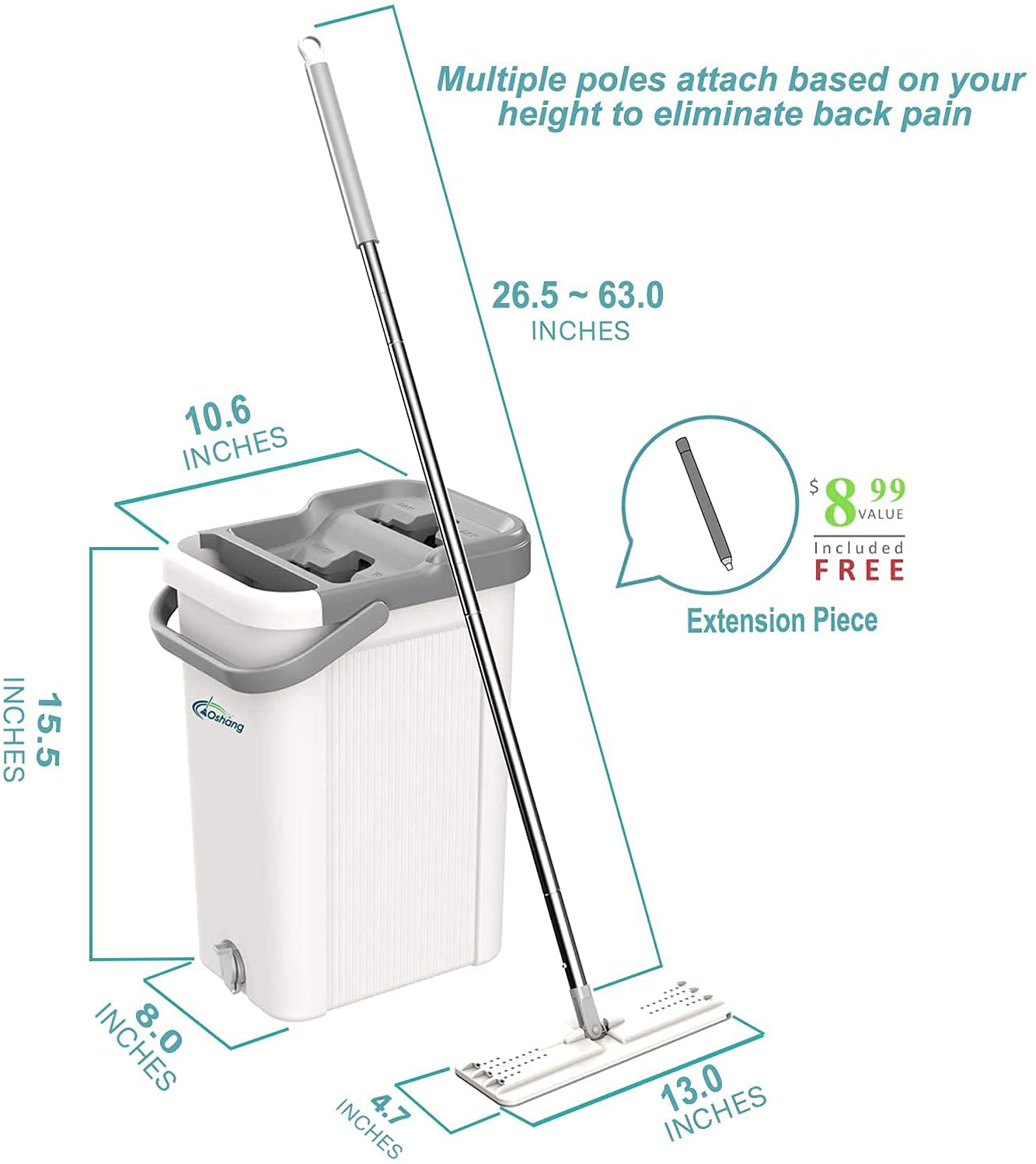 oshang Flat Floor Mop and Bucket Set for Home Floor Cleaning, Hands Free Floor Flat Mop, Stainless-Steel Handle, 2 Washable & Reusable Microfiber Pads