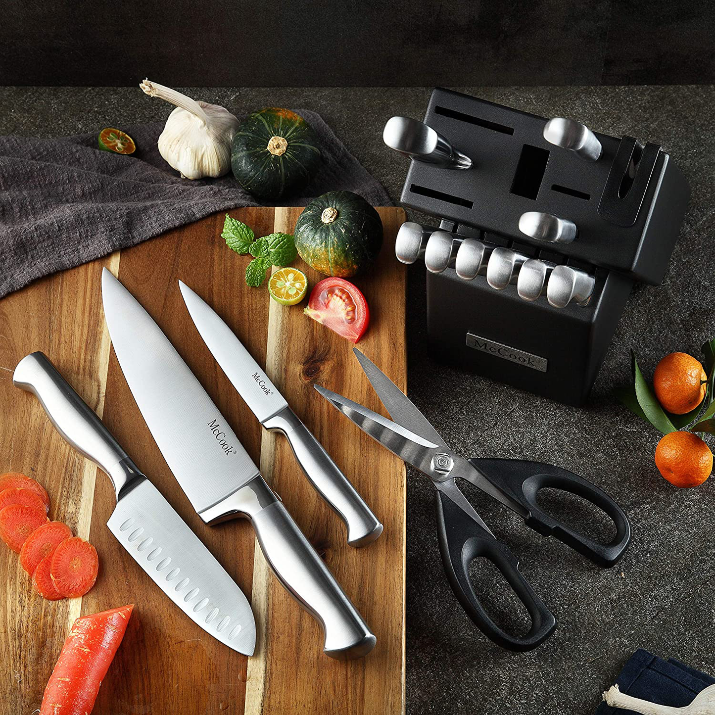 McCook MC21 Knife Sets,15 Pieces German Stainless Steel Kitchen Knife Block Sets with Built-in Sharpener