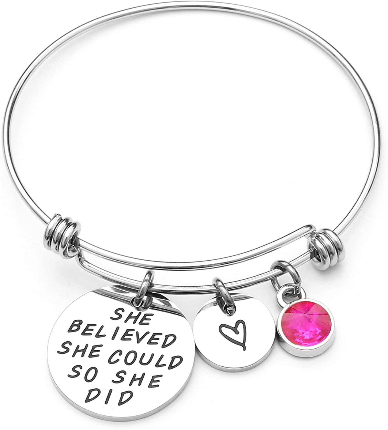 LIUANAN She Believed She Could so She Did Expandable Bangle Birthstone Charm Stainless Steel Cuff Bracelet