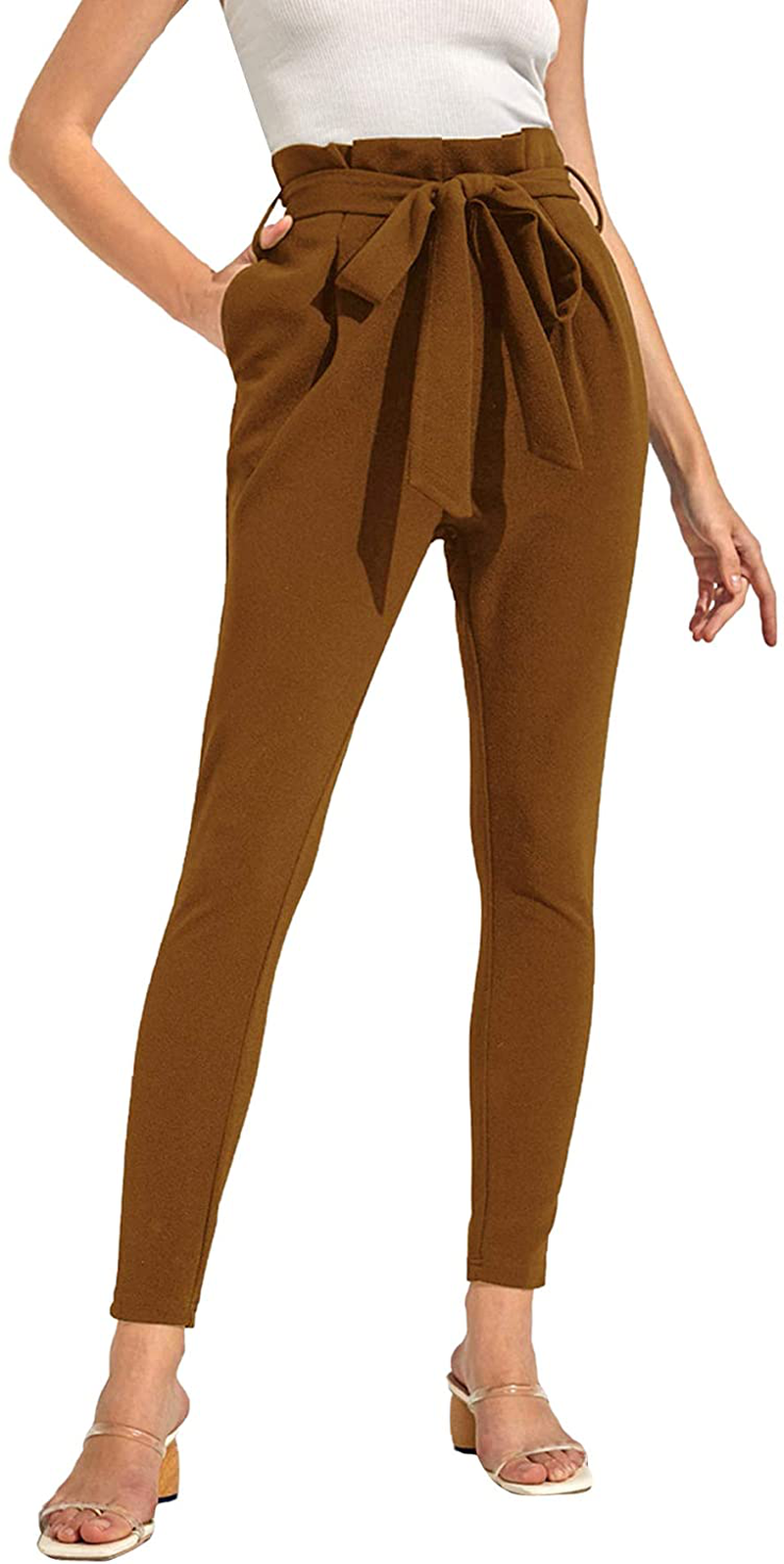 SOLY HUX Women's Elegant High Waist Tied Front Paperbag Pants Skinny Trousers