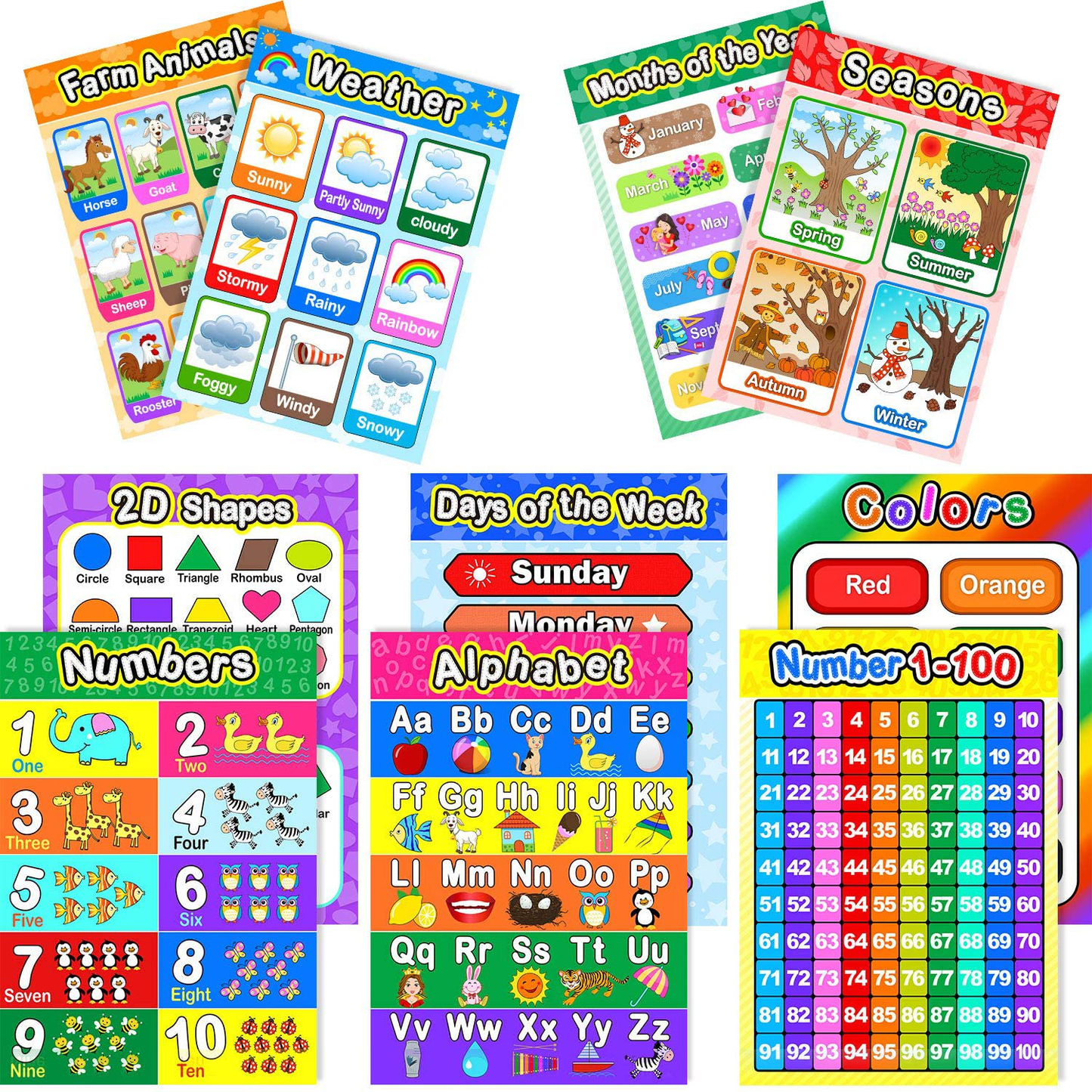 Educational Preschool Poster for Toddler and Kid with Glue Point Dot for Nursery Homeschool Kindergarten Classroom - Teach Numbers Alphabet Colors Days and More 16 x 11 Inch (10 Pieces, Style B)