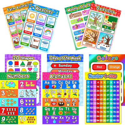 Educational Preschool Poster for Toddler and Kid with Glue Point Dot for Nursery Homeschool Kindergarten Classroom - Teach Numbers Alphabet Colors Days and More 16 x 11 Inch (10 Pieces, Style B)