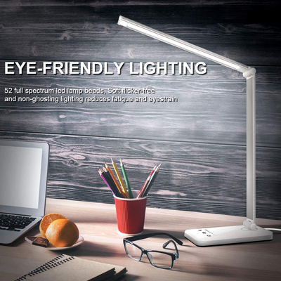 LED Desk Lamp, Eye-Caring Table Lamps, Natural Light Protects Eyes, 5 Modes, 10 Brightness Levels, Touch Control, Adjustable Table lamp with USB Charging Port, Auto Timer 30 / 60min, White