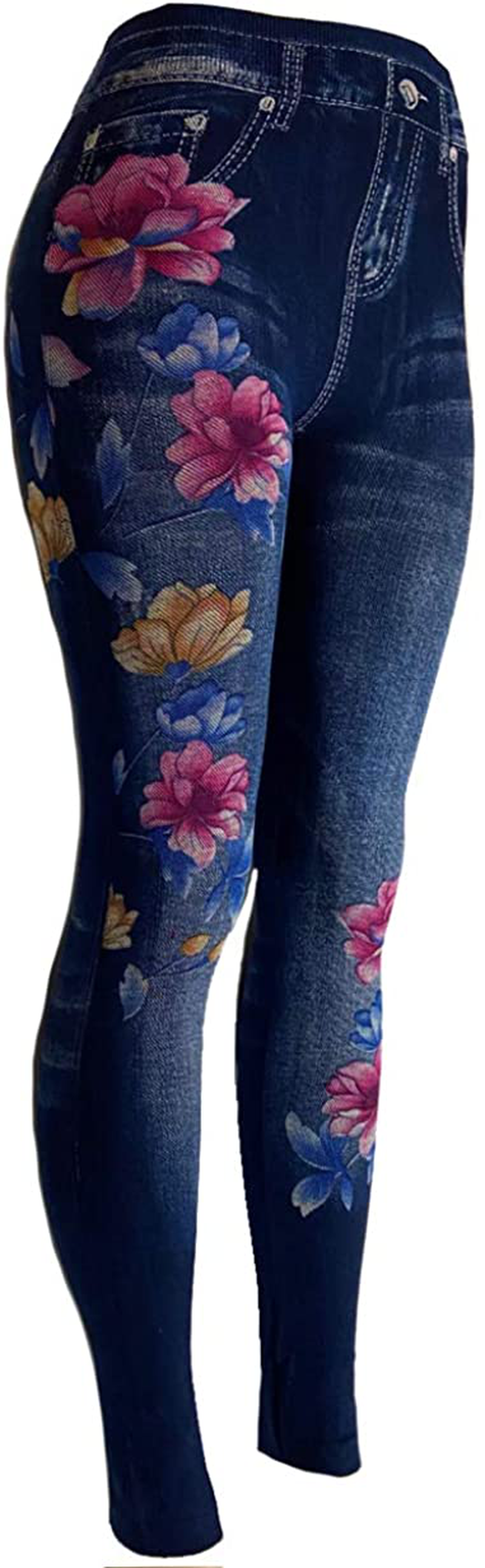 CLOYA Women's Denim Print Seamless Full Leggings for All Seasons - One Size Fits Small and Medium