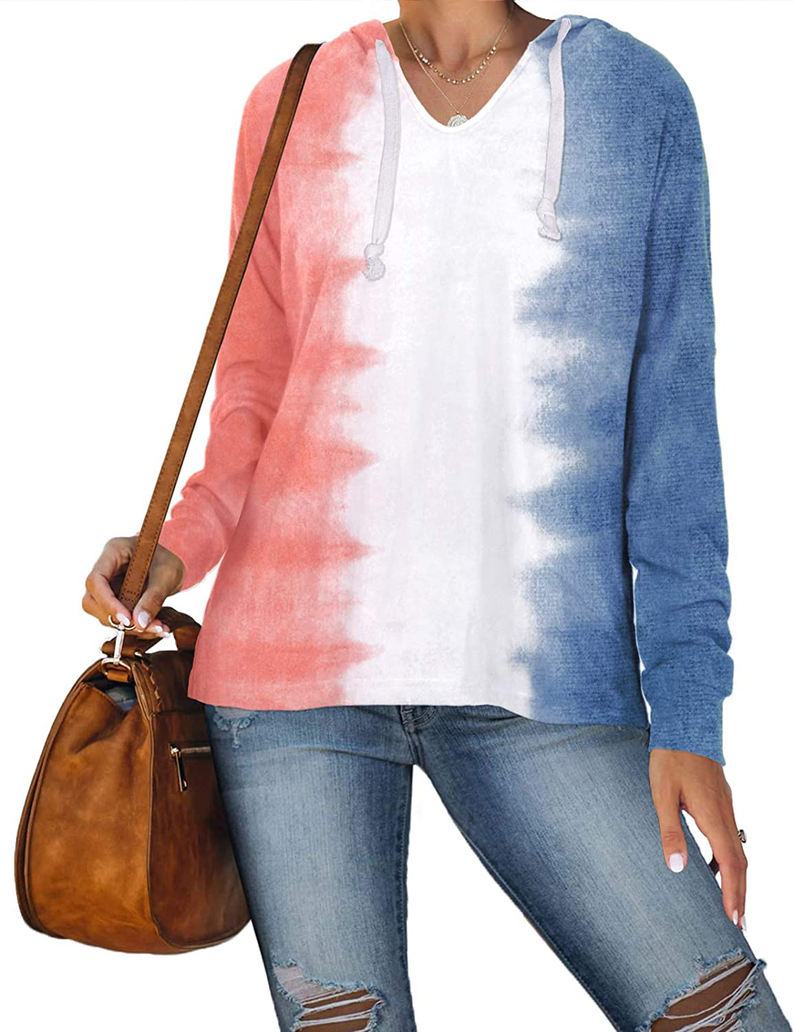 WIHOLL Women's V Neck Hoodie Sweatshirts Tie Dye Casual Long Sleeve Pullover Tops