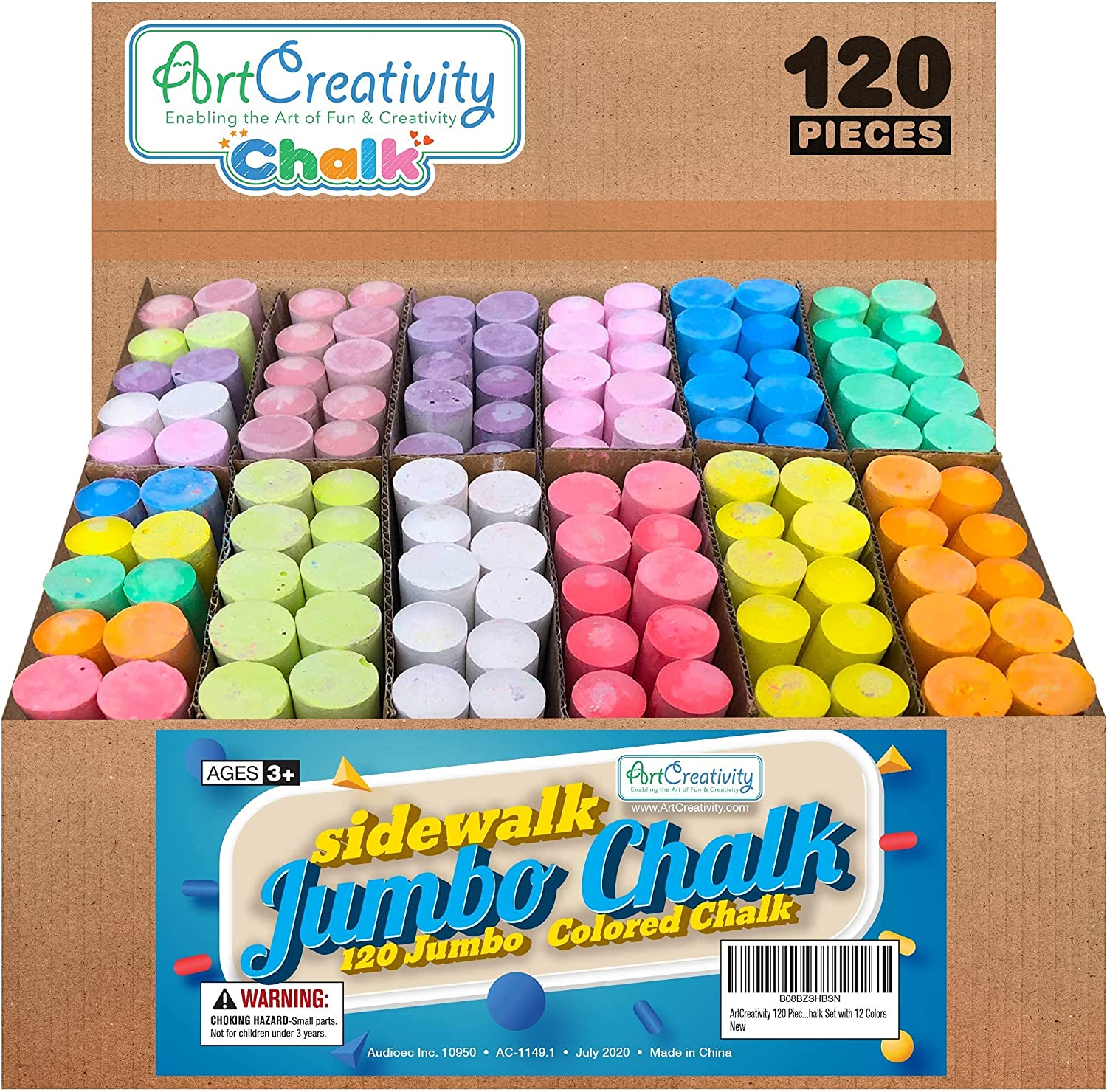 Artcreativity Jumbo Sidewalk Chalk Set for Kids, Giant Box of 120 Colorful Chalk Pieces, Non-Toxic, Dust-Free, Washable Chalk in 10 Colors, for Driveway, Pavement, Outdoors, Great Arts & Crafts