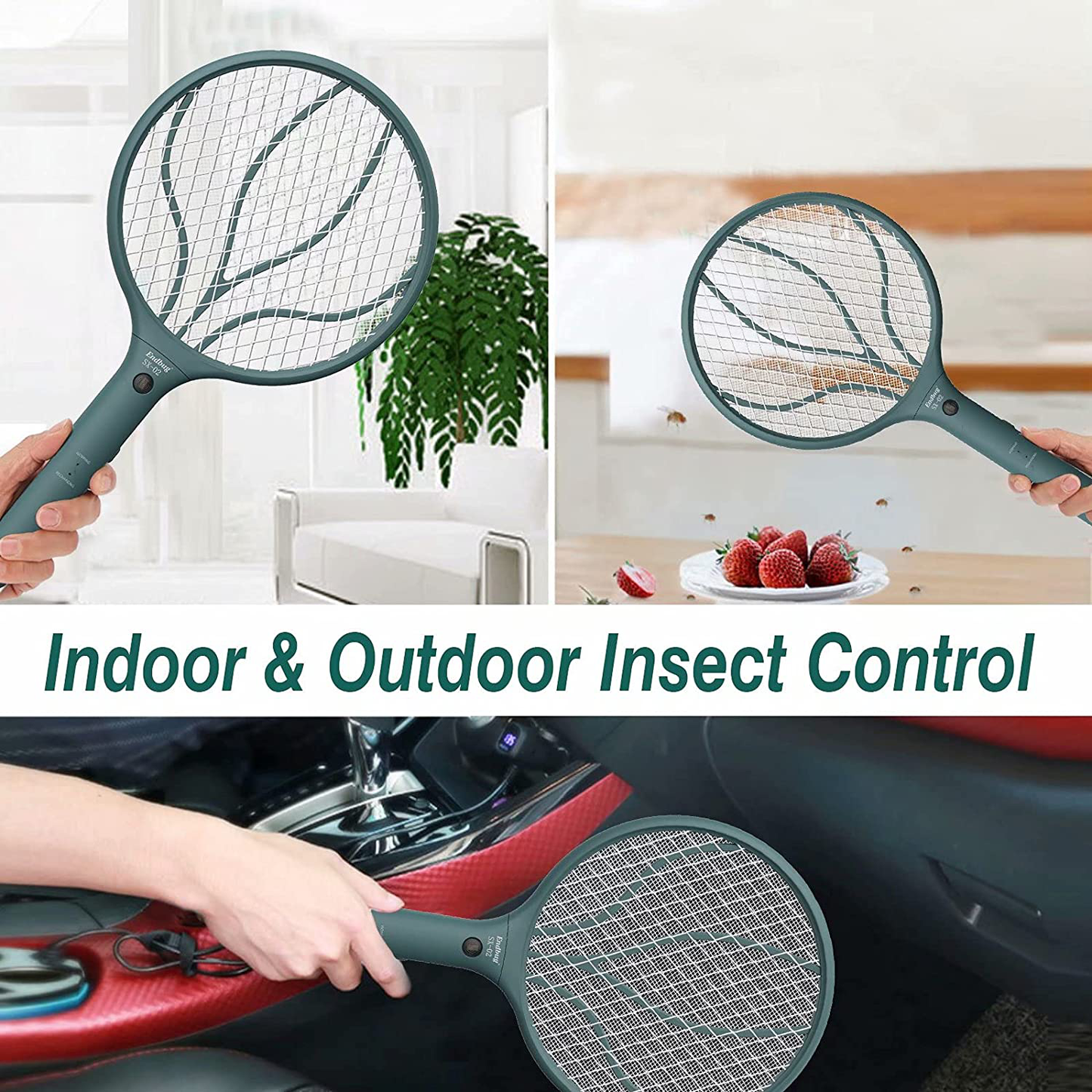 Endbug Rechargeable Fly Swatter Racket Handheld Bug Zapper with LED Light, USB Charging Electric Mosquito, Fly Insect Killer Indoor Outdoor (Green)