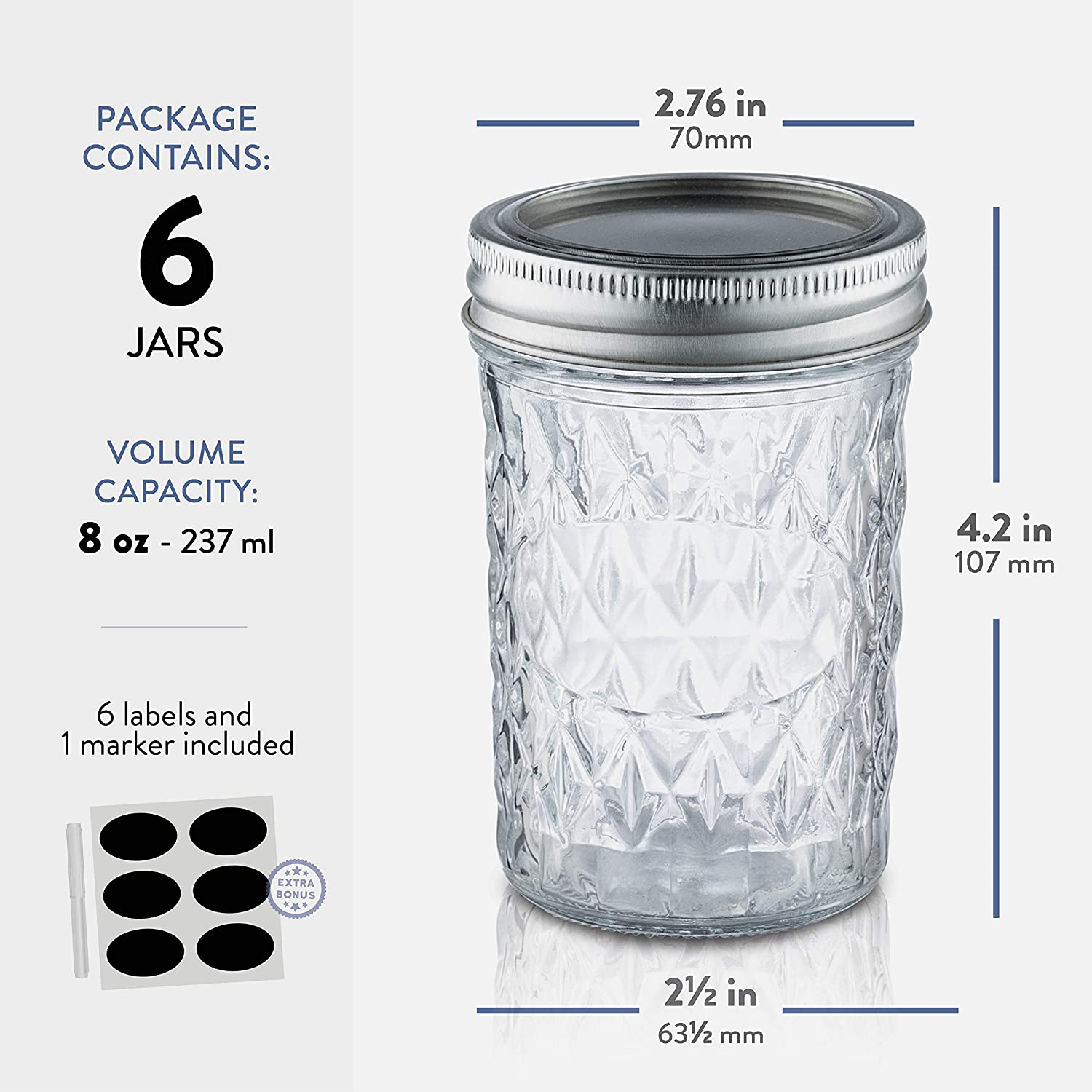 Regular-Mouth Glass Mason Jars, 8-Ounce (6-Pack) Glass Canning Jars with Silver Metal Airtight Lids and Bands with Chalkboard Labels, for Canning, Preserving, Meal Prep, Overnight Oats, Jam, Jelly,