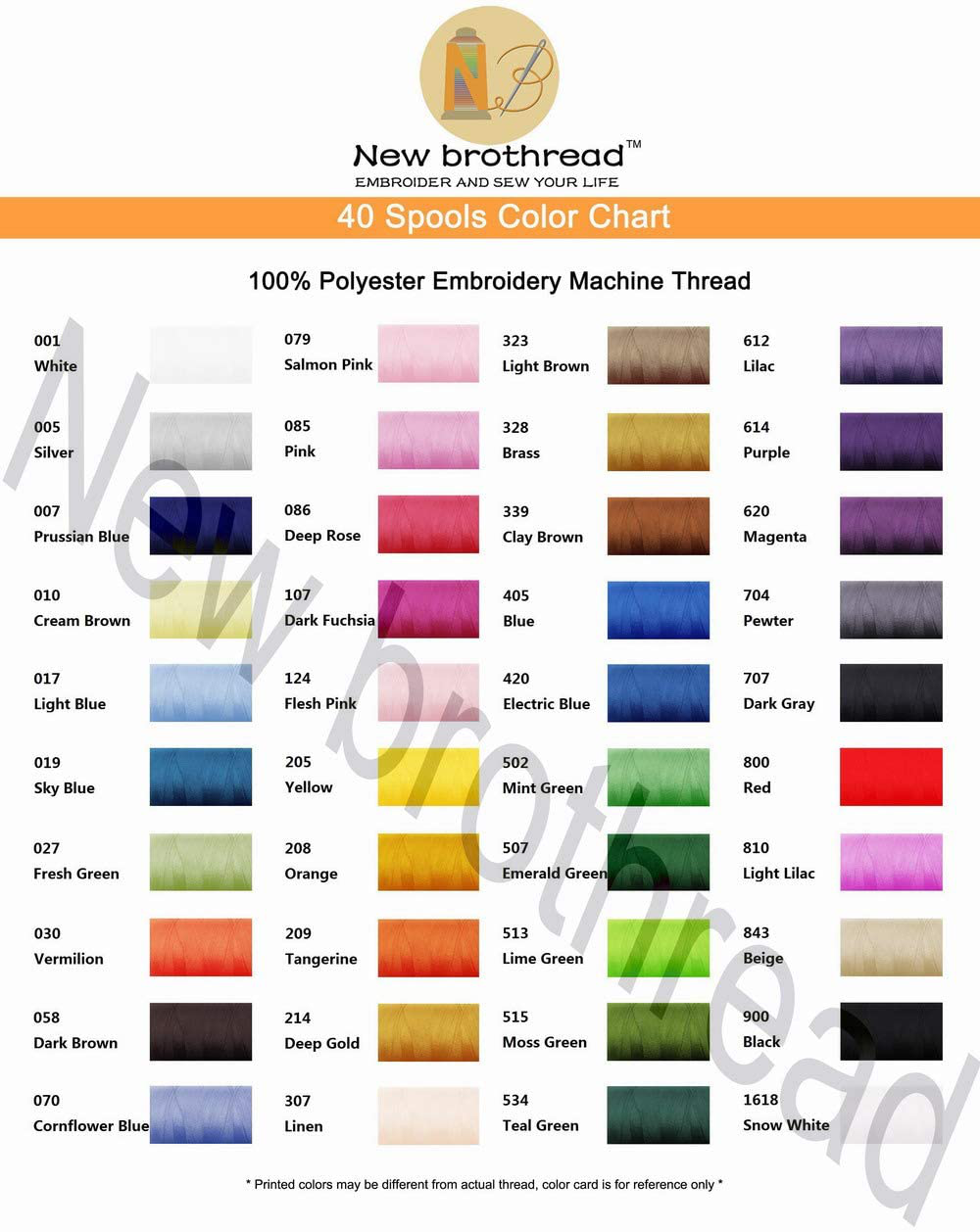 New Brothread 40 Brother Colors Polyester Embroidery Machine Thread Kit 500M (550Y) Each Spool for Brother Babylock Janome Singer Pfaff Husqvarna Bernina Embroidery and Sewing Machines