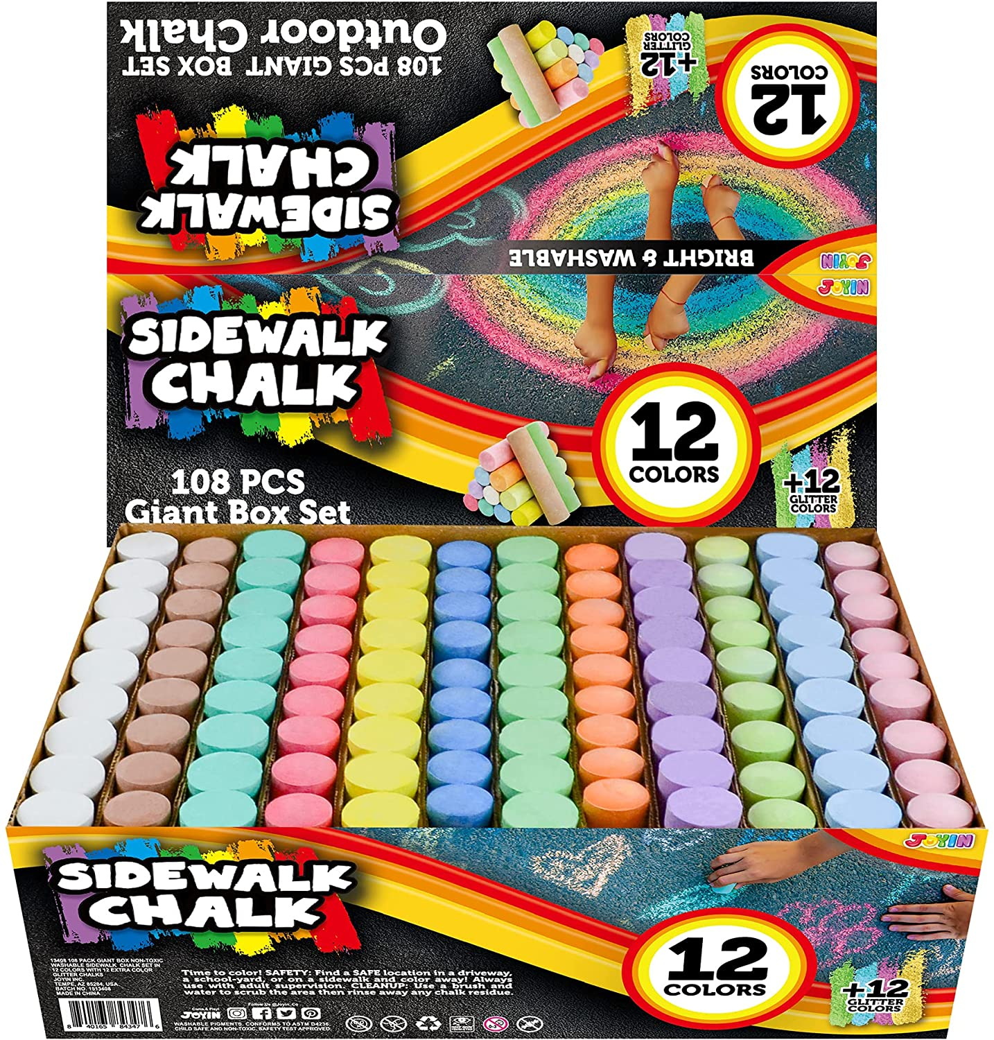 108 PCS Jumbo Sidewalk Chalk Set in 12 Color Including 12 Glitter Chalks, Non-Toxic Washable Sidewalk Chalks for Outdoor Art Play, Painting on Chalkboard, Blackboard and Playground
