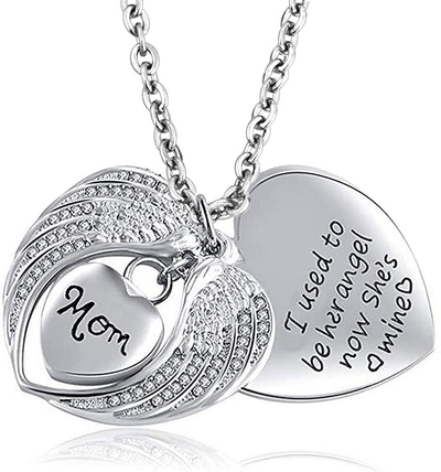 Infinite Memories - I Used to Be His/Her Angel Now He'S/She'S Mine - Heart Wings Pendants Urn Necklace for Dad Mom Grandma