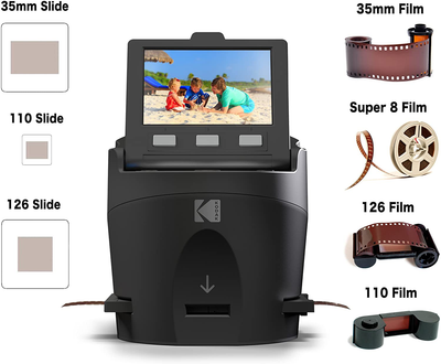 KODAK SCANZA Digital Film & Slide Scanner - Converts 35mm, 126, 110, Super 8 & 8mm Film Negatives & Slides to JPEG - Includes Large Tilt-Up 3.5" LCD, Easy-Load Film Inserts, Adapters & More