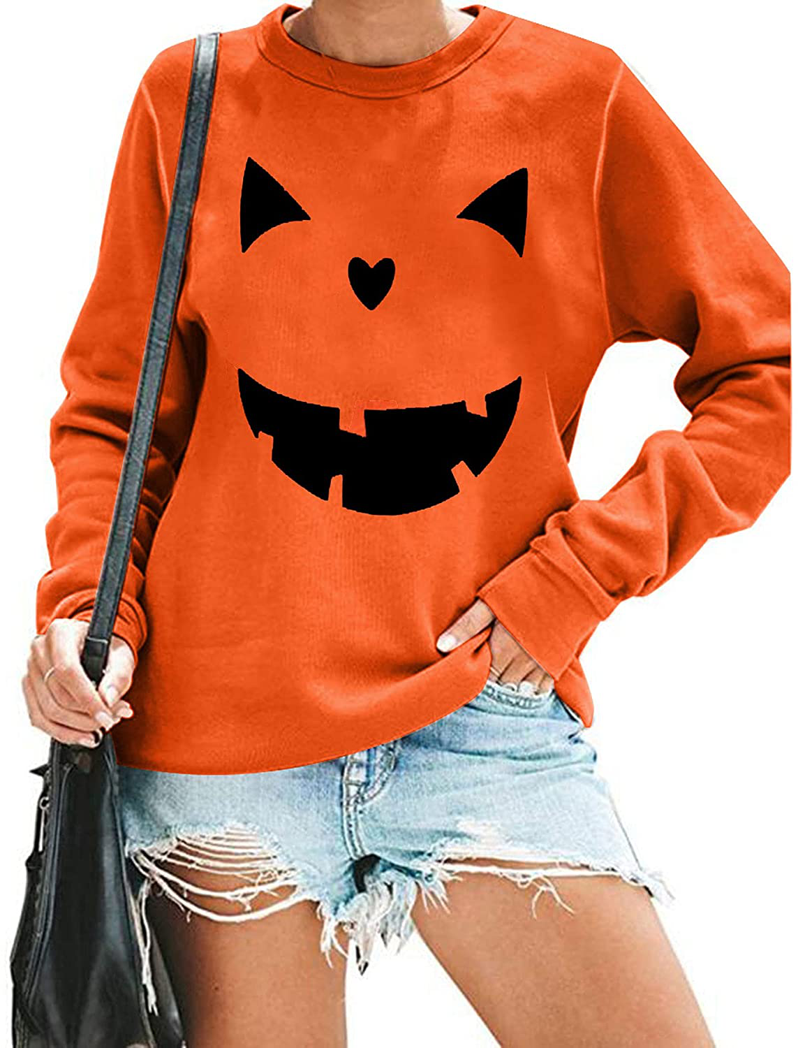 Women's Halloween Pumpkin Face Long Sleeve Sweatshirts Lightweight Casual Pullover Tops