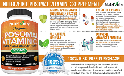 Nutrivein Liposomal Vitamin C 1650Mg - 180 Capsules - High Absorption Ascorbic Acid - Supports Immune System and Collagen Booster - Powerful Antioxidant High Dose Fat Soluble Supplement