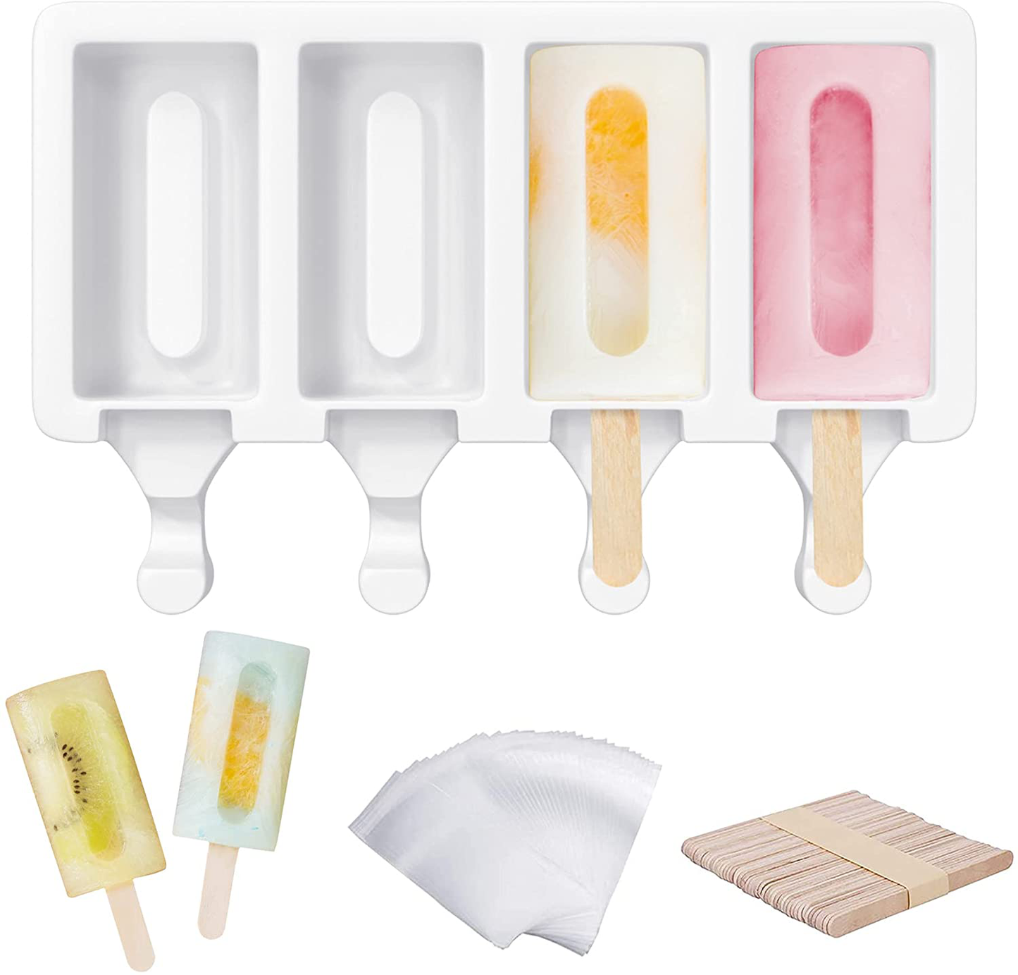 Ozera 2 Pack Popsicle Molds, 4 Cavities Homemade Silicone Popsicle Molds Easy Release Ice Pop Molds with 50 Wooden Sticks for DIY Ice Popsicle