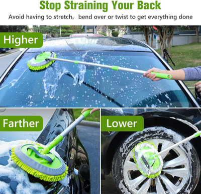 2 in 1 Chenille Microfiber Car Wash Brush Mop Mitt with 45" Aluminum Alloy Long Handle, Car Cleaning Kit Brush Duster, Not Hurt Paint Scratch Free Cleaning Tool Dust Collector Supply for Washing Truck