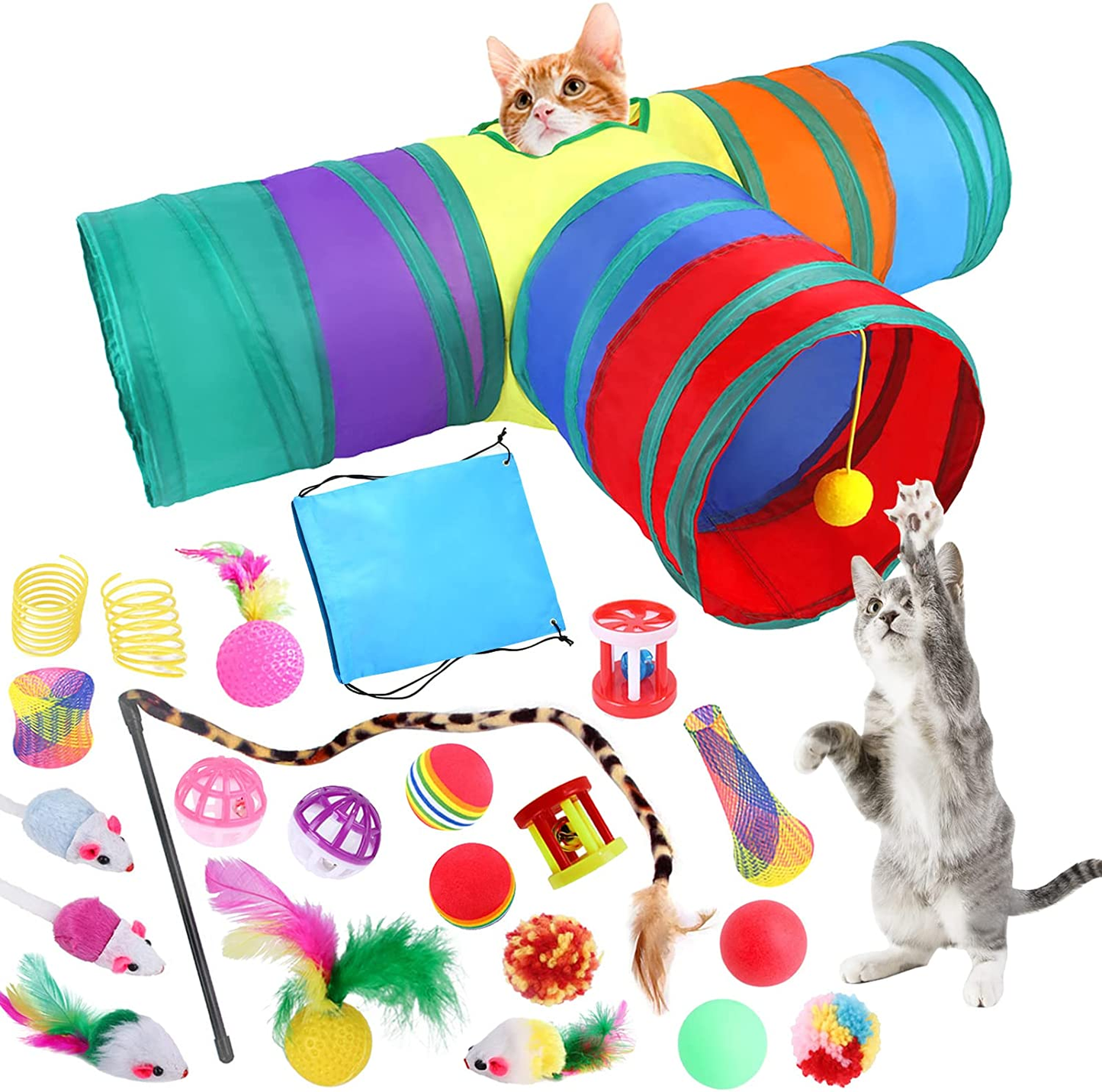 22PCS Rainbow Interactive Cat Toys Cats Tunnel with Bell Mouse Ball Crinkle Feather String, Kitten Toys for Indoor Cats Pet Puppy, Kitty Toy Set for Cat Hiding Hunting and Training