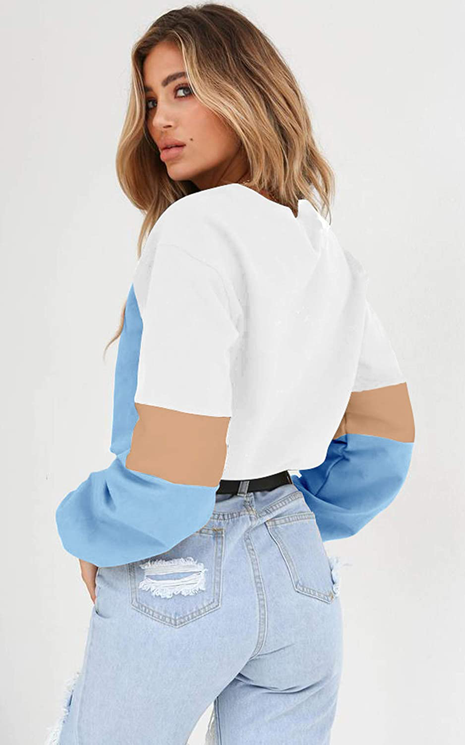 Angashion Womens Sweatshirt-Long Sleeve Drawstring Hem Color Block Crop Top Pullover Tops