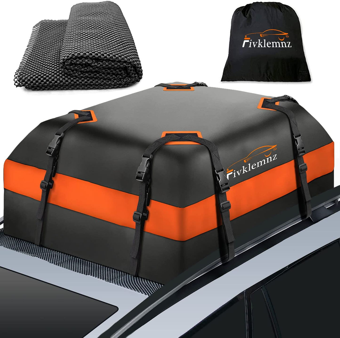 Fivklemnz Car Roof Bag Cargo Carrier, 15 Cubic Feet Waterproof Rooftop Cargo Carrier with Anti-Slip Mat + 8 Reinforced Straps + 4 Door Hooks Suitable for All Vehicle with/Without Rack