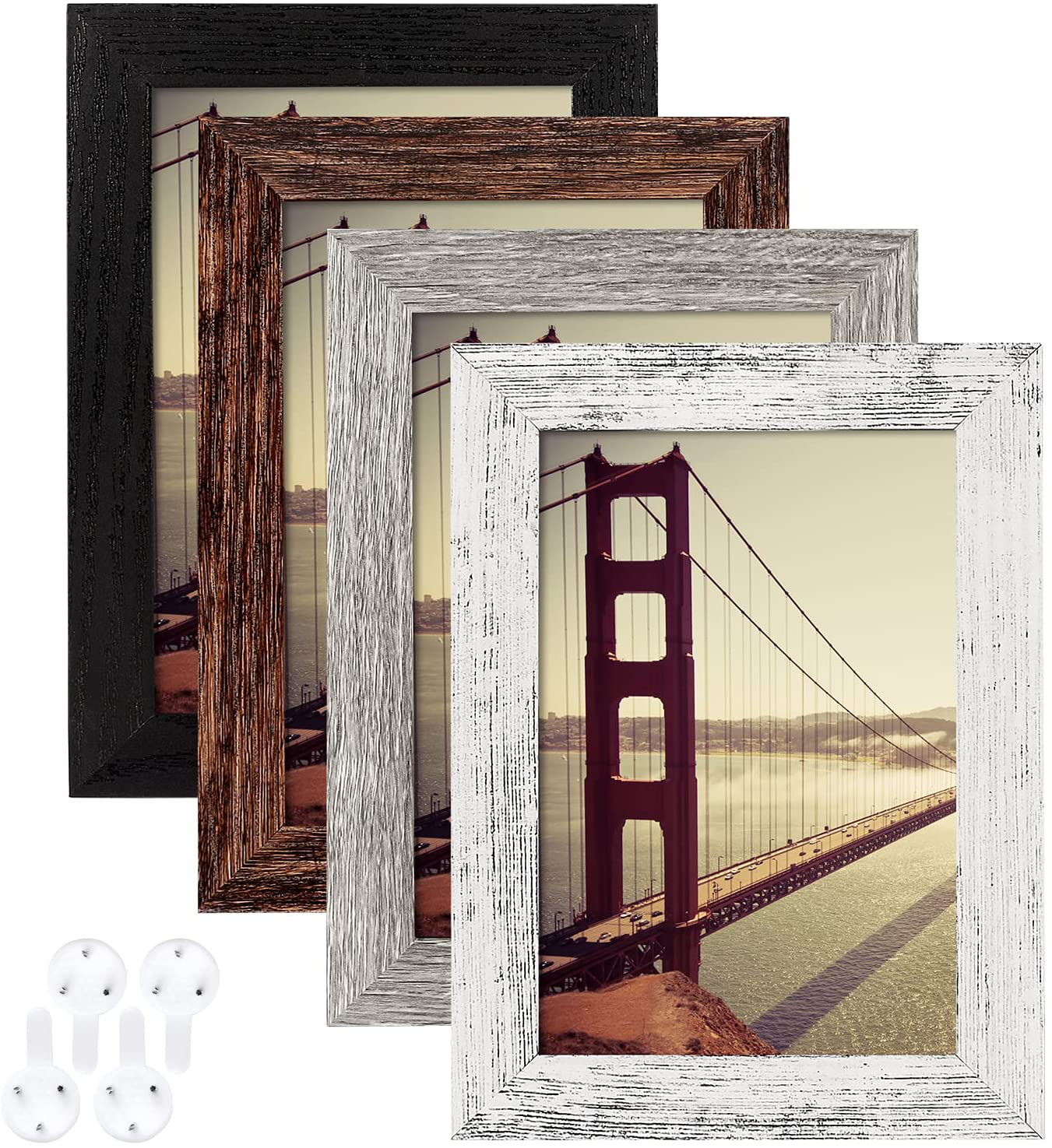 BAIJIALI 11x14 Picture Frame Distressed White Wood Pattern Set of 4 with Tempered Glass,Display Pictures 8x10 with Mat or 11x14 Without Mat, Horizontal and Vertical Formats for Wall